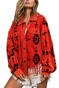 Aztec Print Corduroy Shirt Jacket Distressed Hem