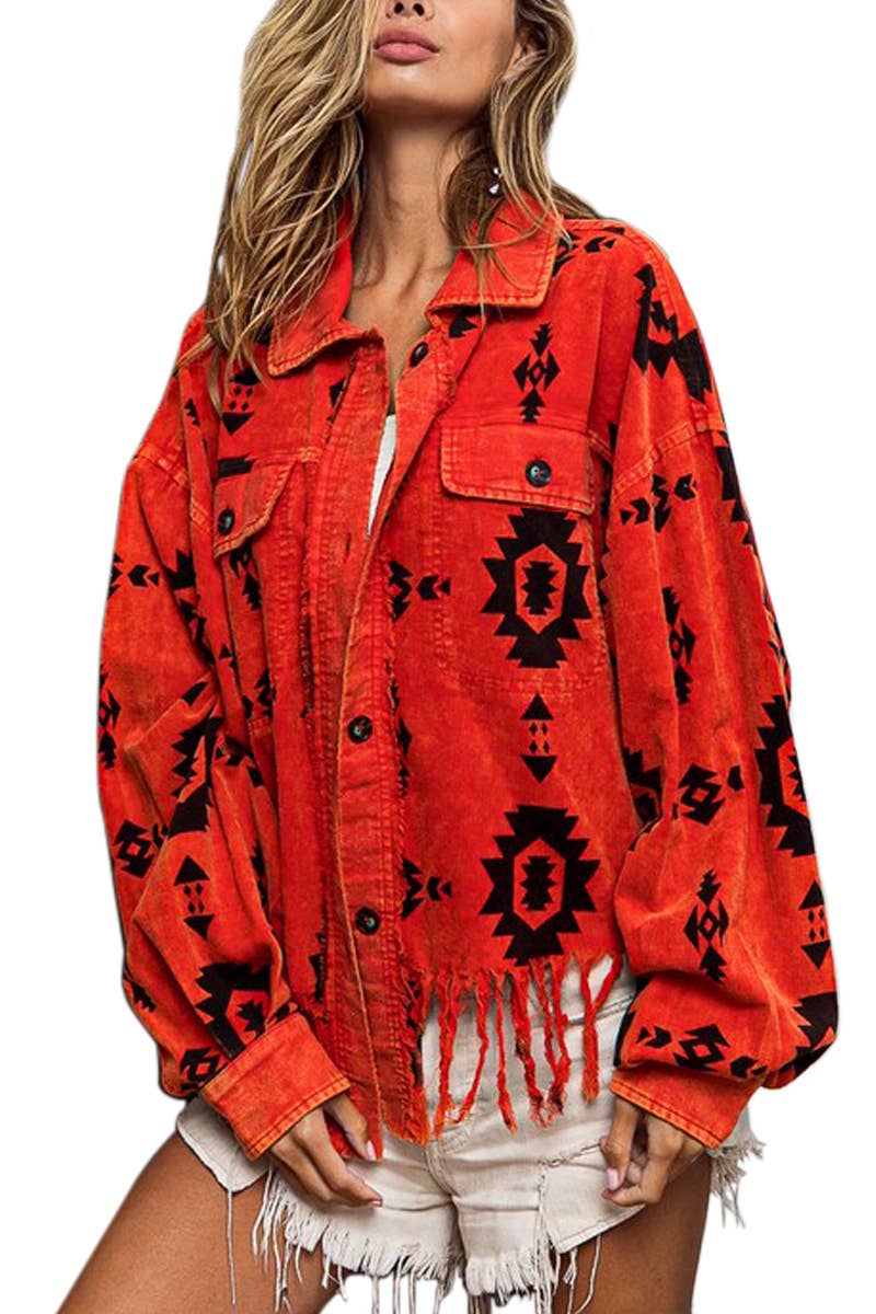 Aztec Print Corduroy Shirt Jacket Distressed Hem