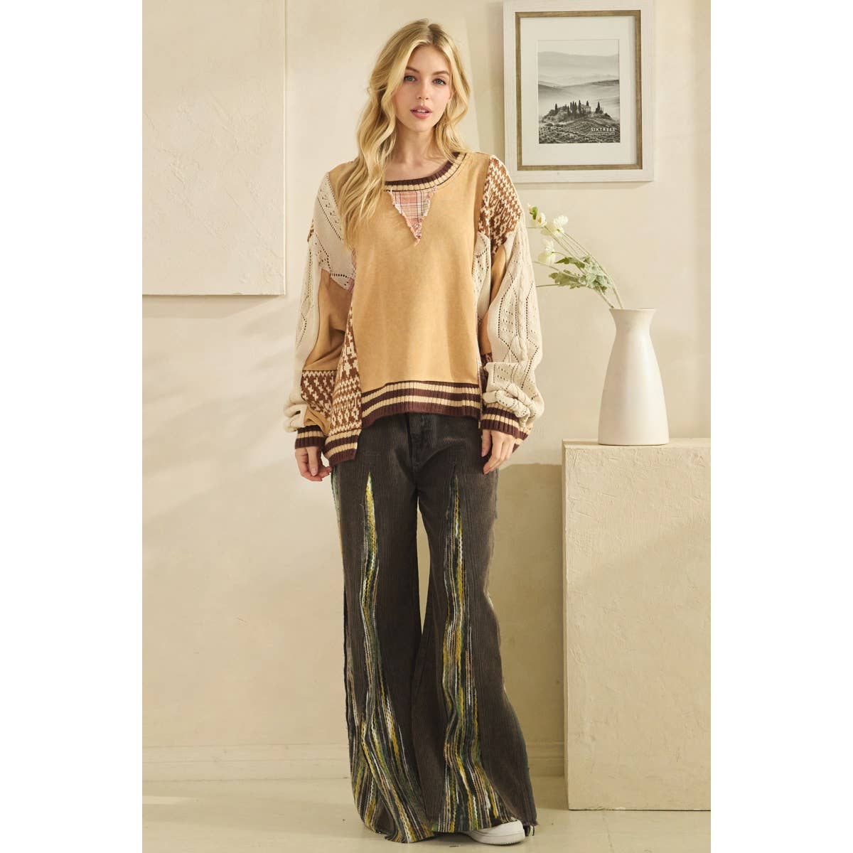 WASHED FABRIC MIX SWEATER TOP