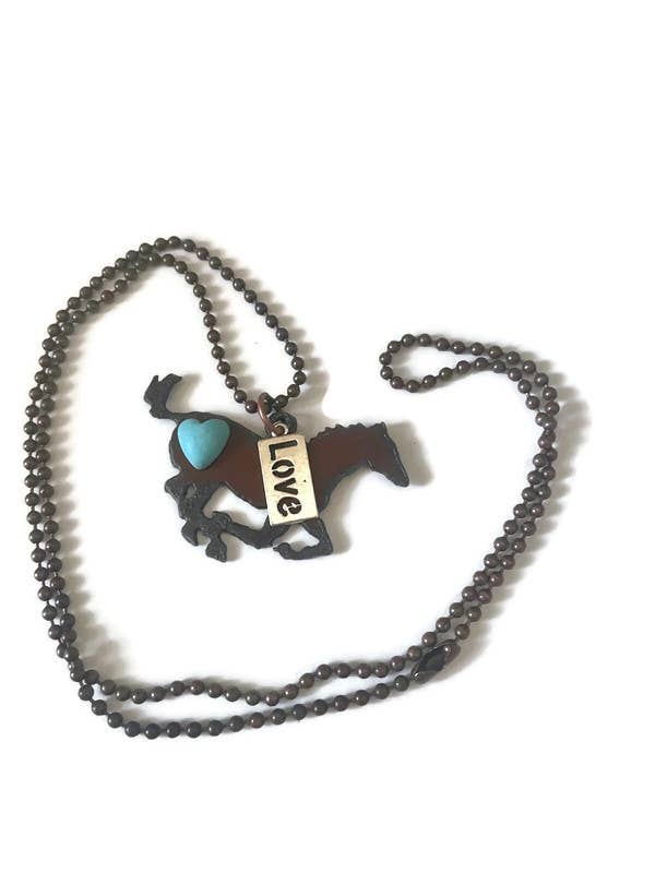 Rustic HORSE Necklace with Love tag Charm and turq heart cab