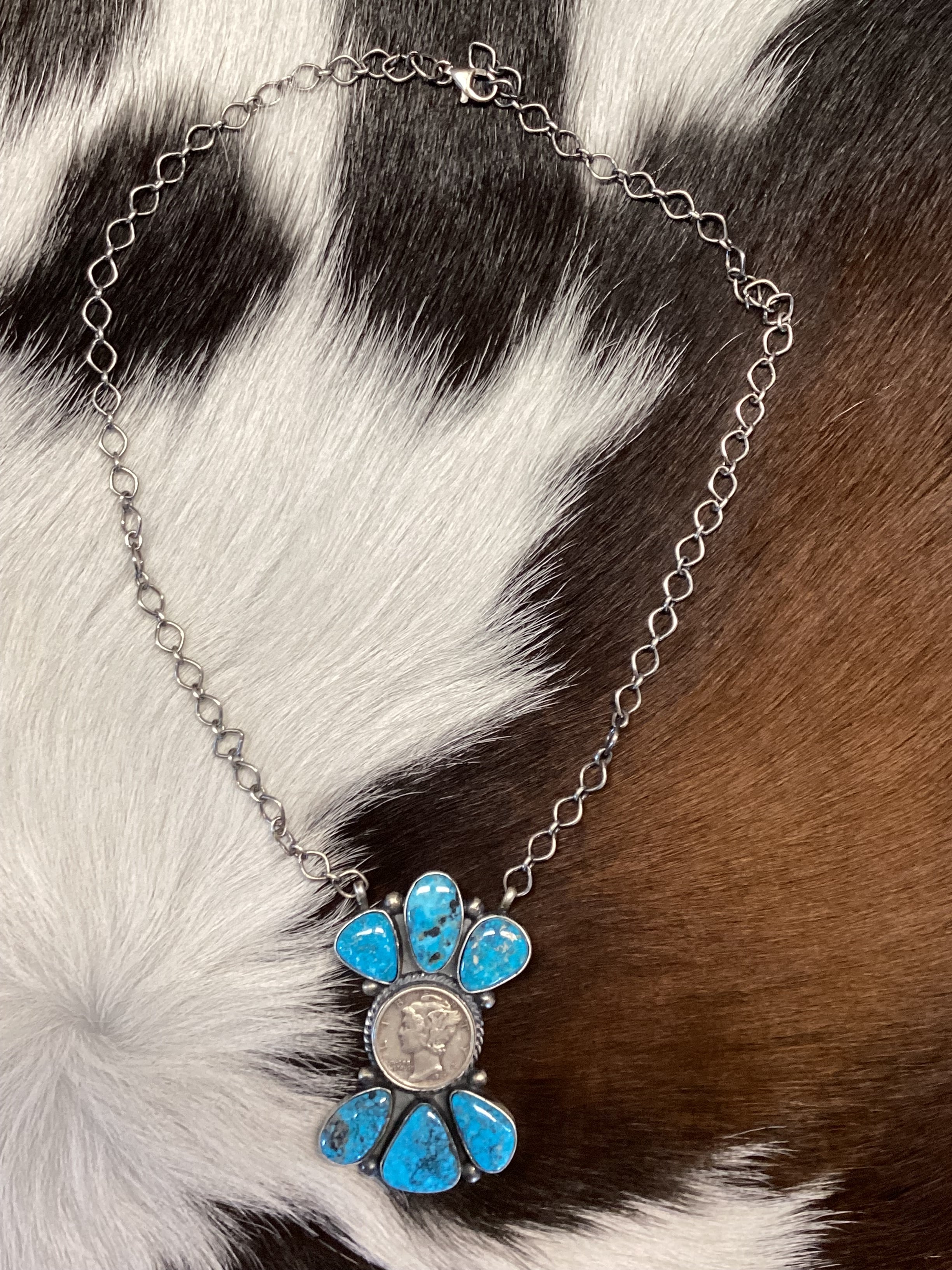 Navajo Handmade Silver Kingman Turquoise Liberty Dime Cluster Bar Necklace 18”