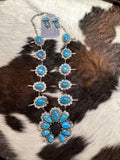 Navajo Handmade Sterling Silver Kingman Web Turquoise Squash Lariat Necklace 24”
