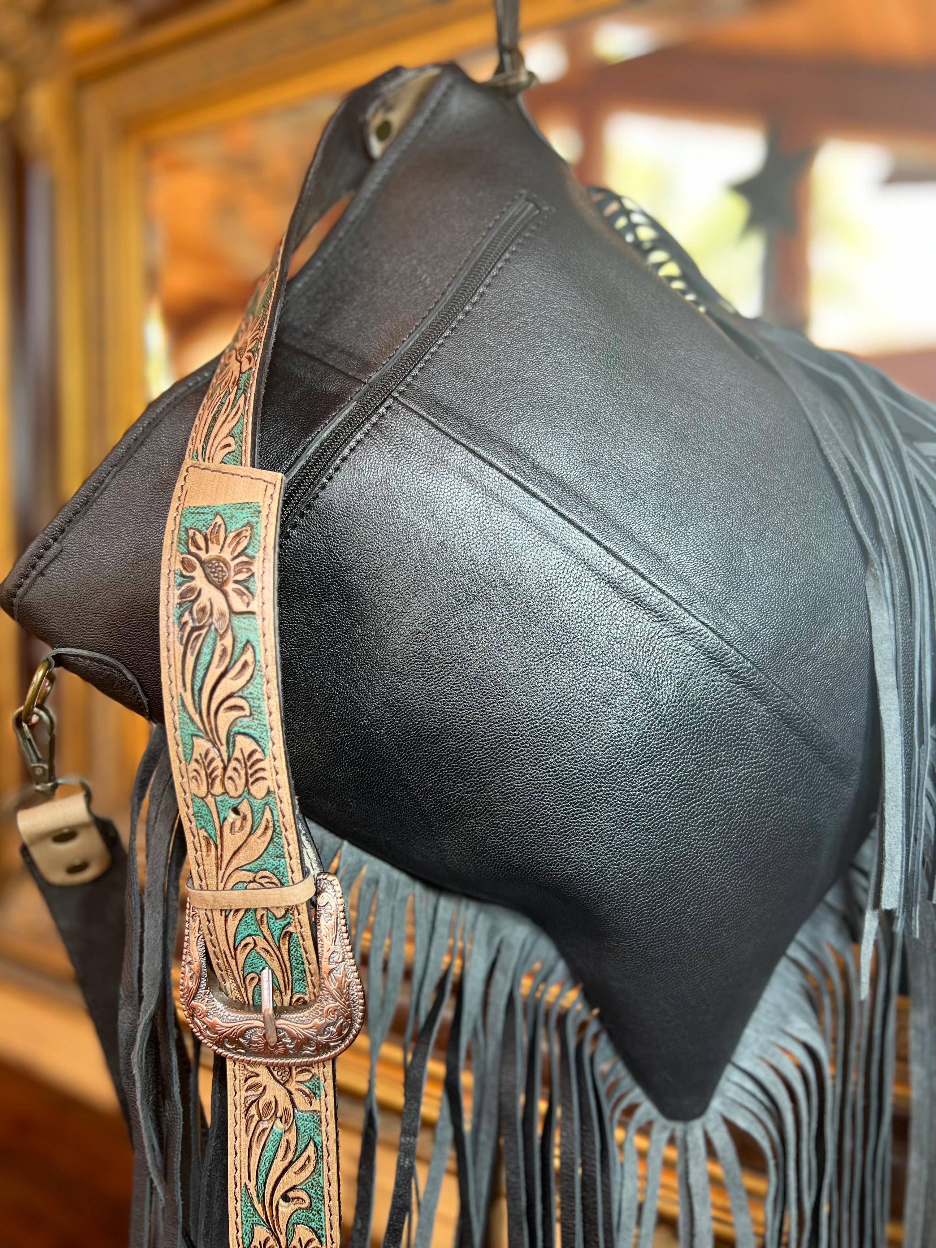 Western Tooled Leather Cowhide Purse - Large Buckle Handbag