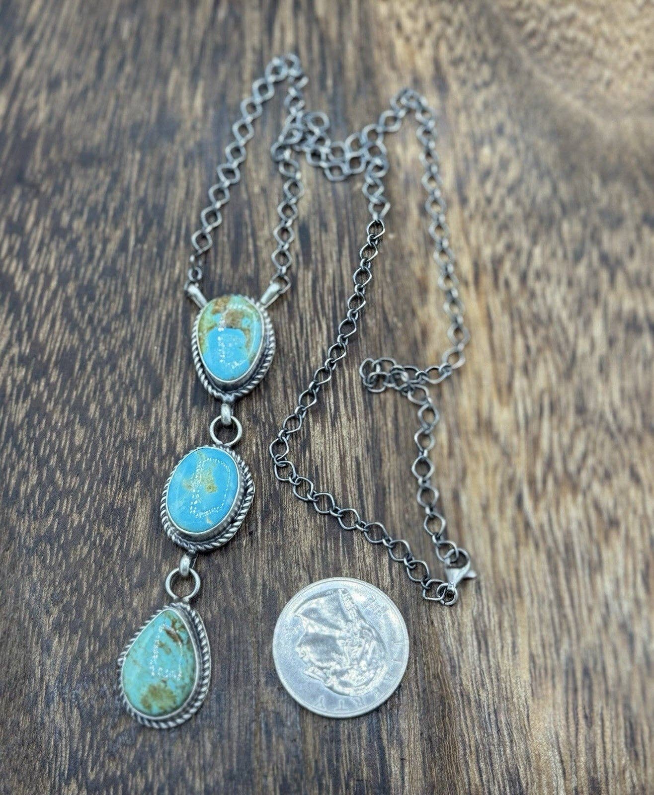 Native Navajo Handmade Sterling Silver Kingman Turquoise Lariat Necklace 18”