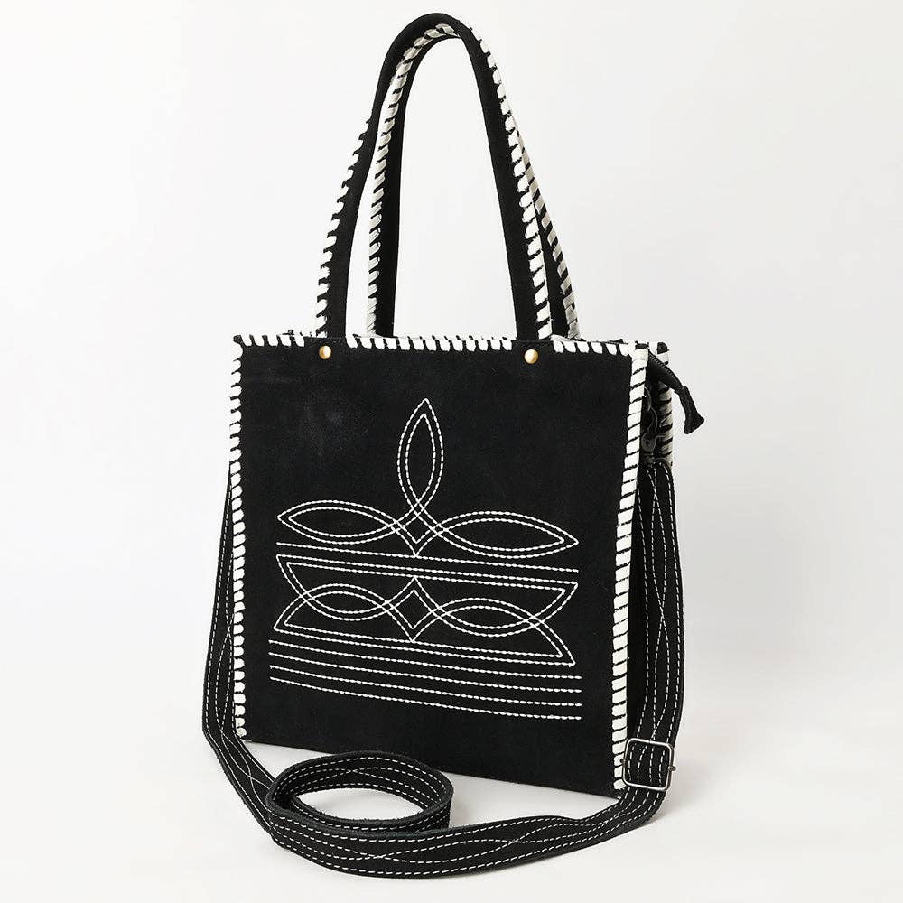 ADBG1590 American Darling Western Genuine Suede Leather Tote Bag with Braided Trim & Detailed Boot Stitching
