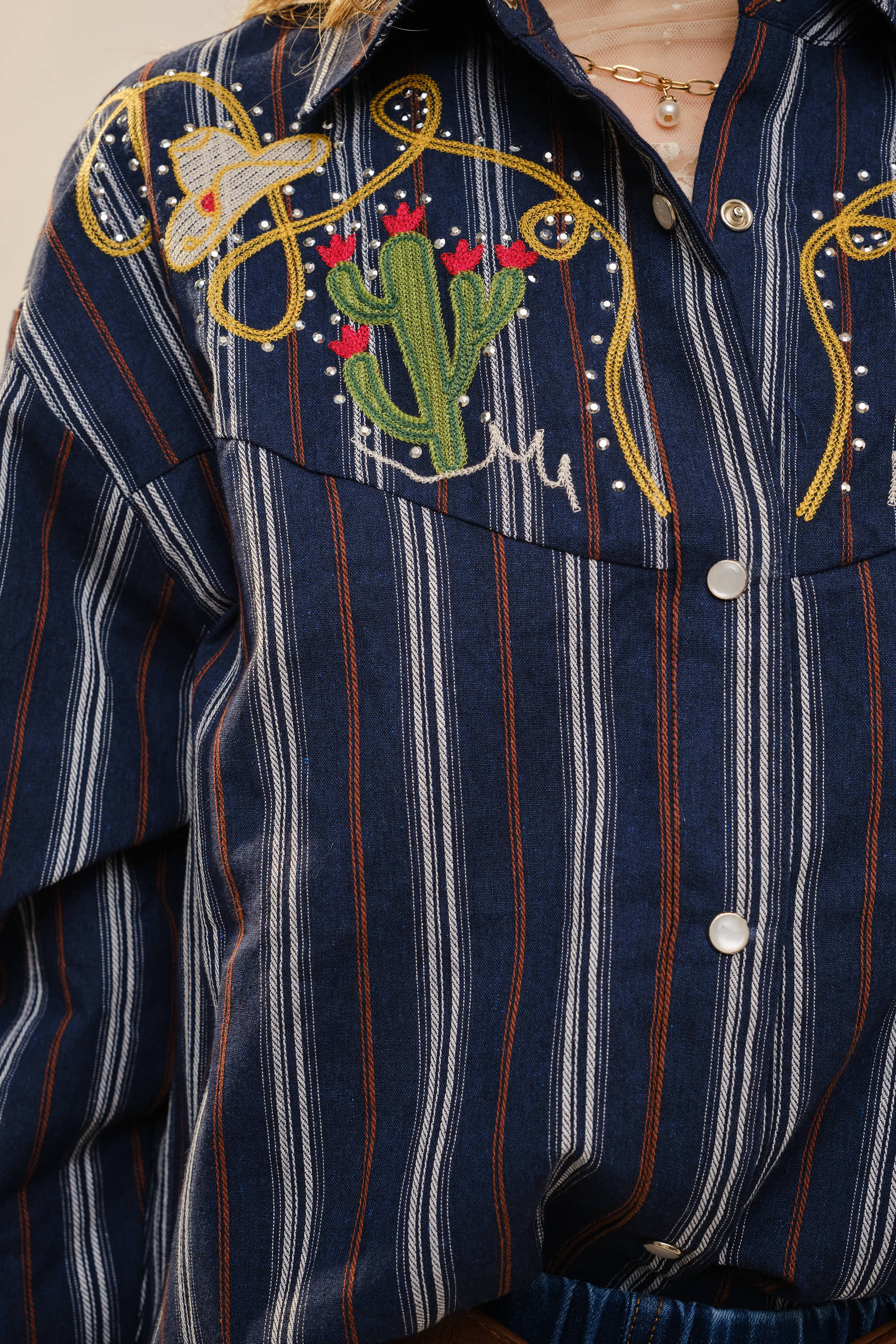 36989T Embroidered Western Yoke Striped Shirt