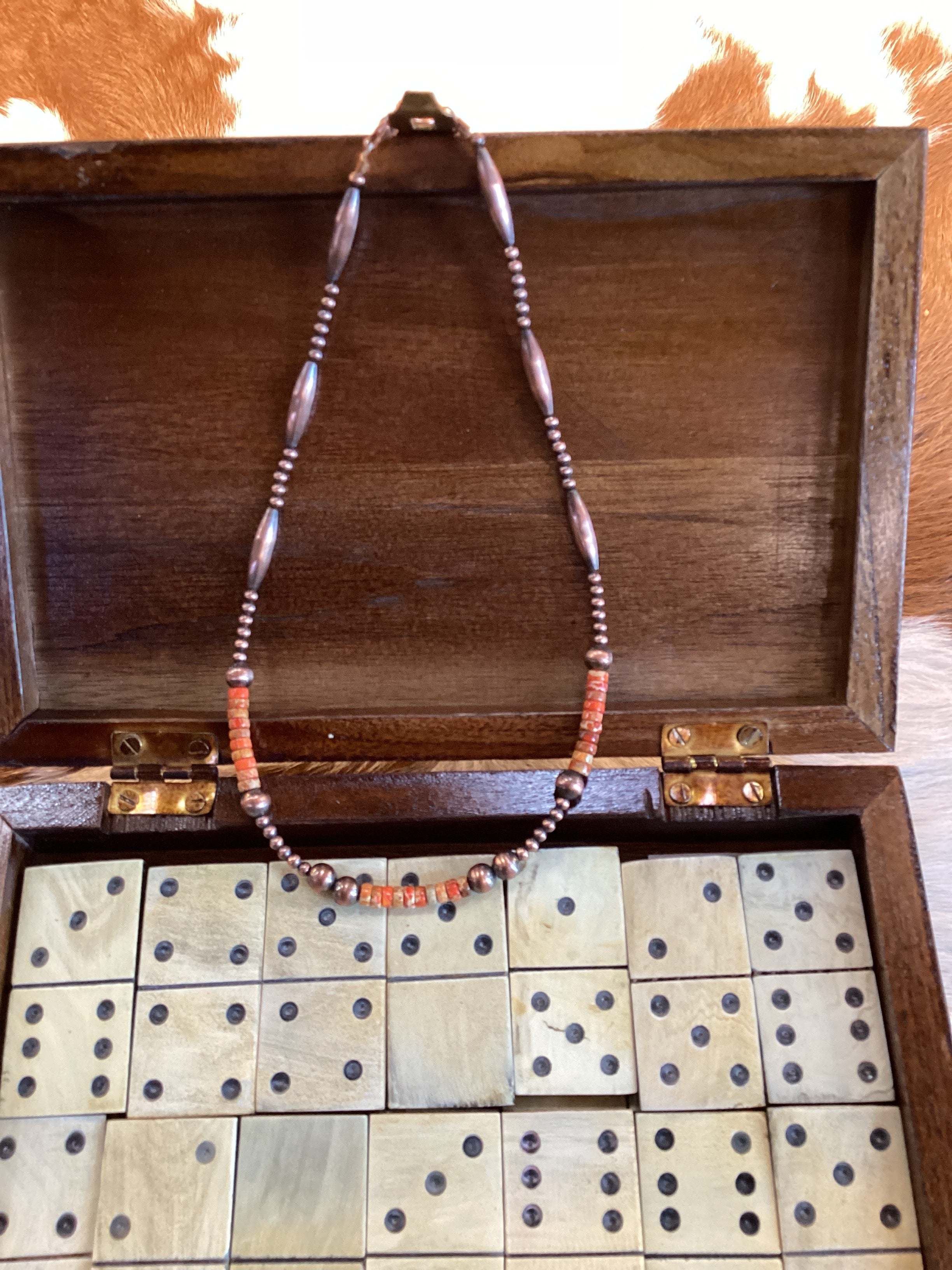 Copper Elongated Pearl & Orange Necklace 16"