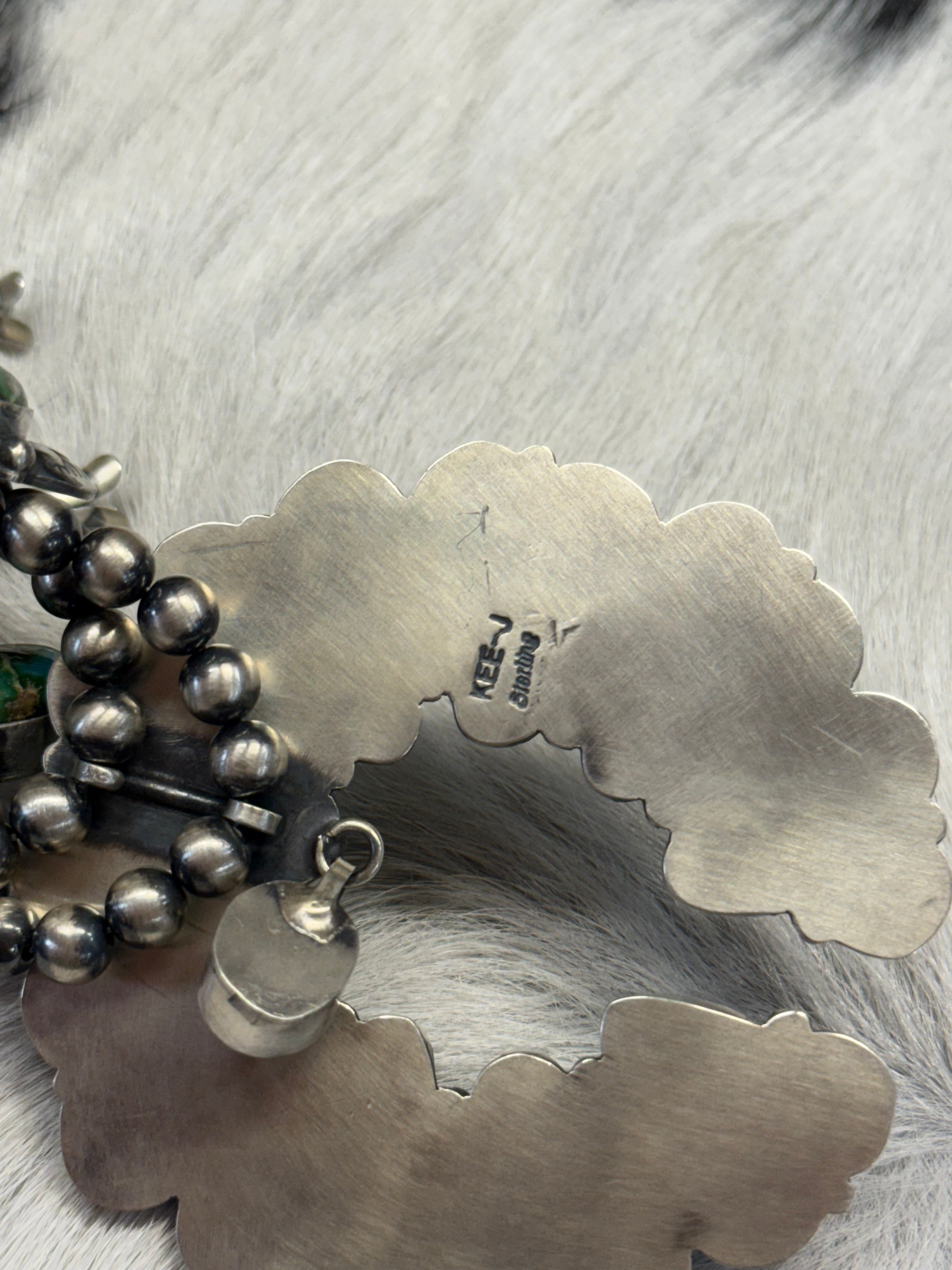Navajo Sterling Silver and Turquoise Squash Blossom Necklace