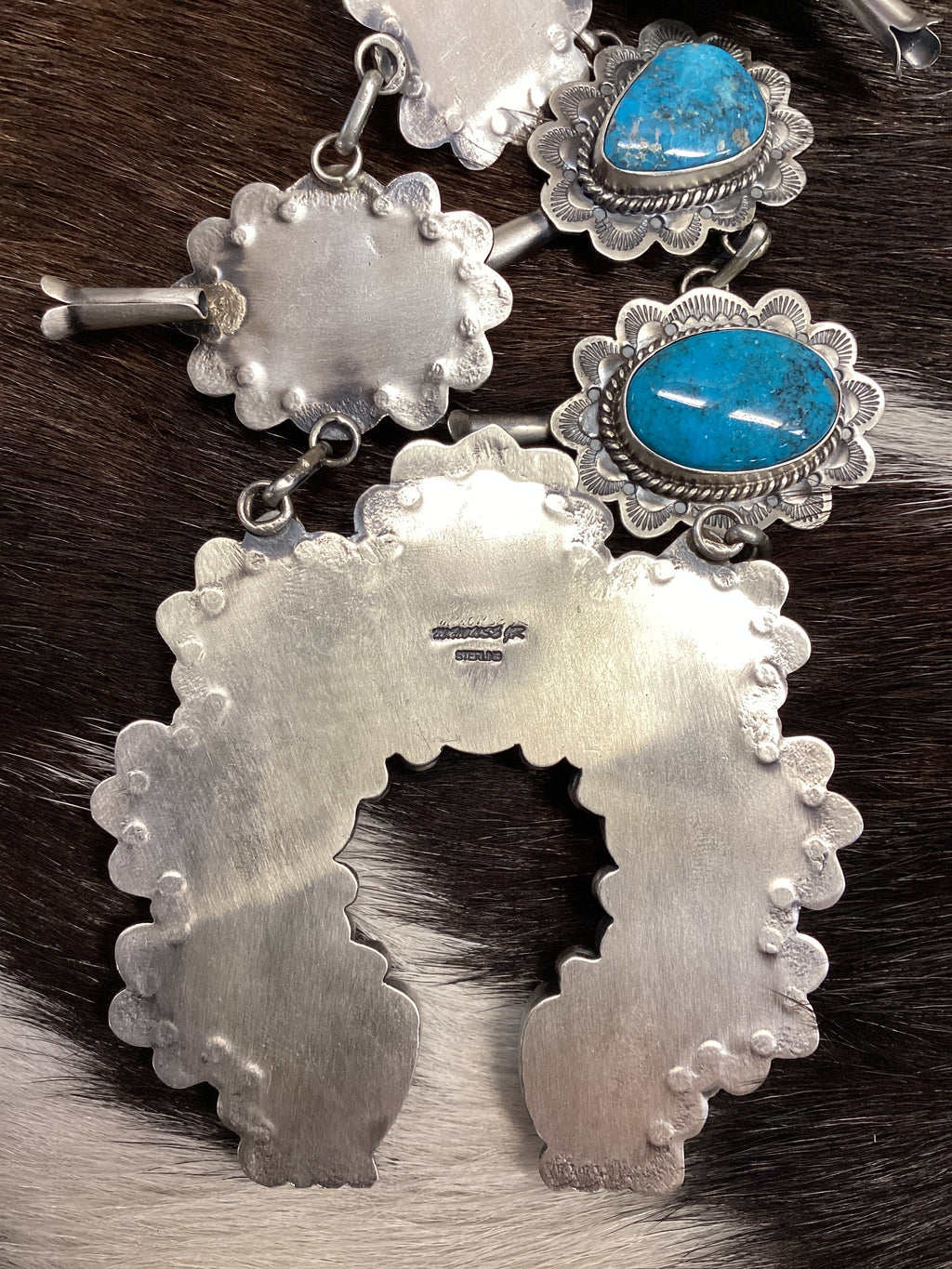 Navajo Handmade Sterling Silver Kingman Web Turquoise Squash Lariat Necklace 24”