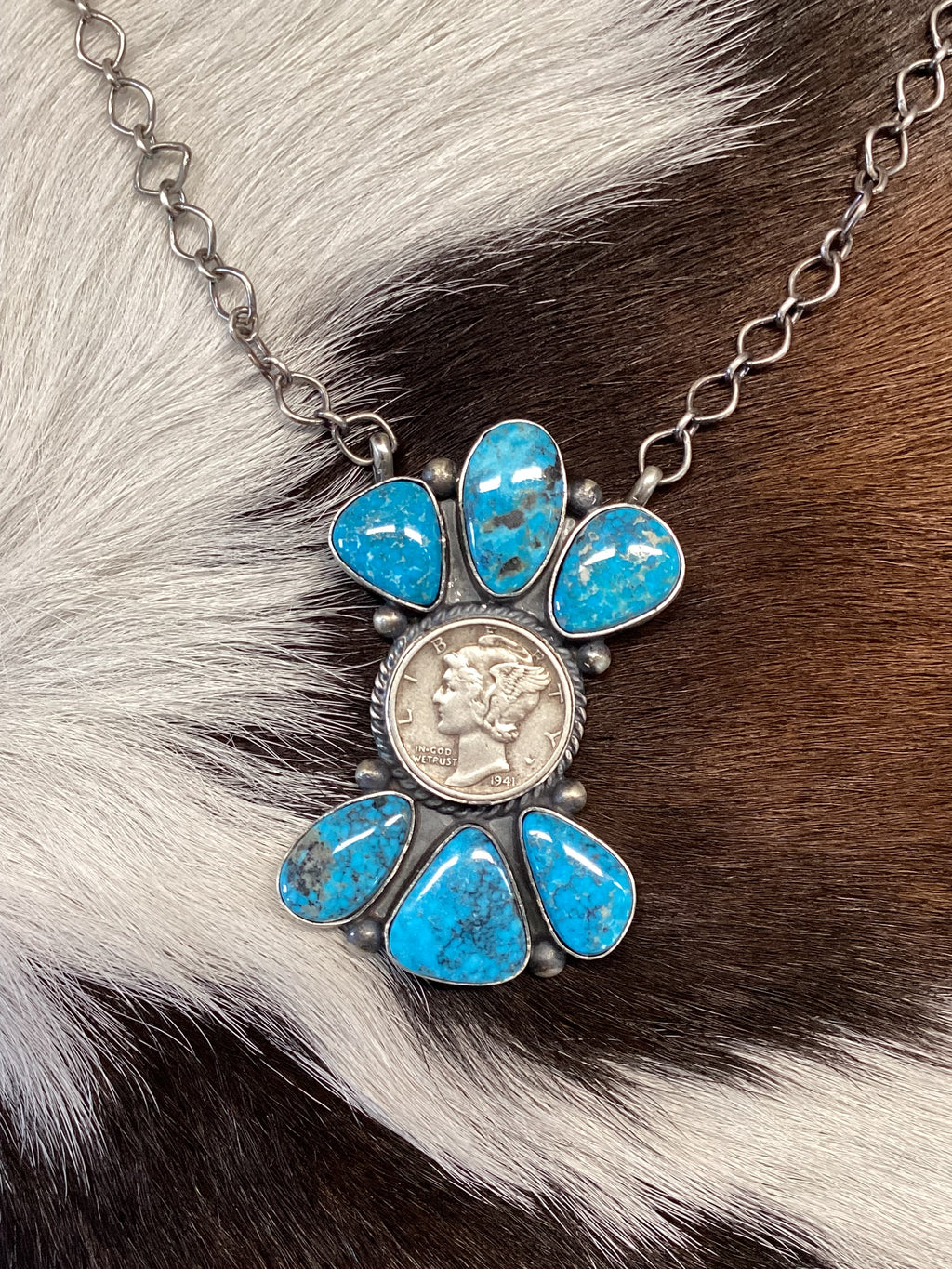 Navajo Handmade Silver Kingman Turquoise Liberty Dime Cluster Bar Necklace 18”