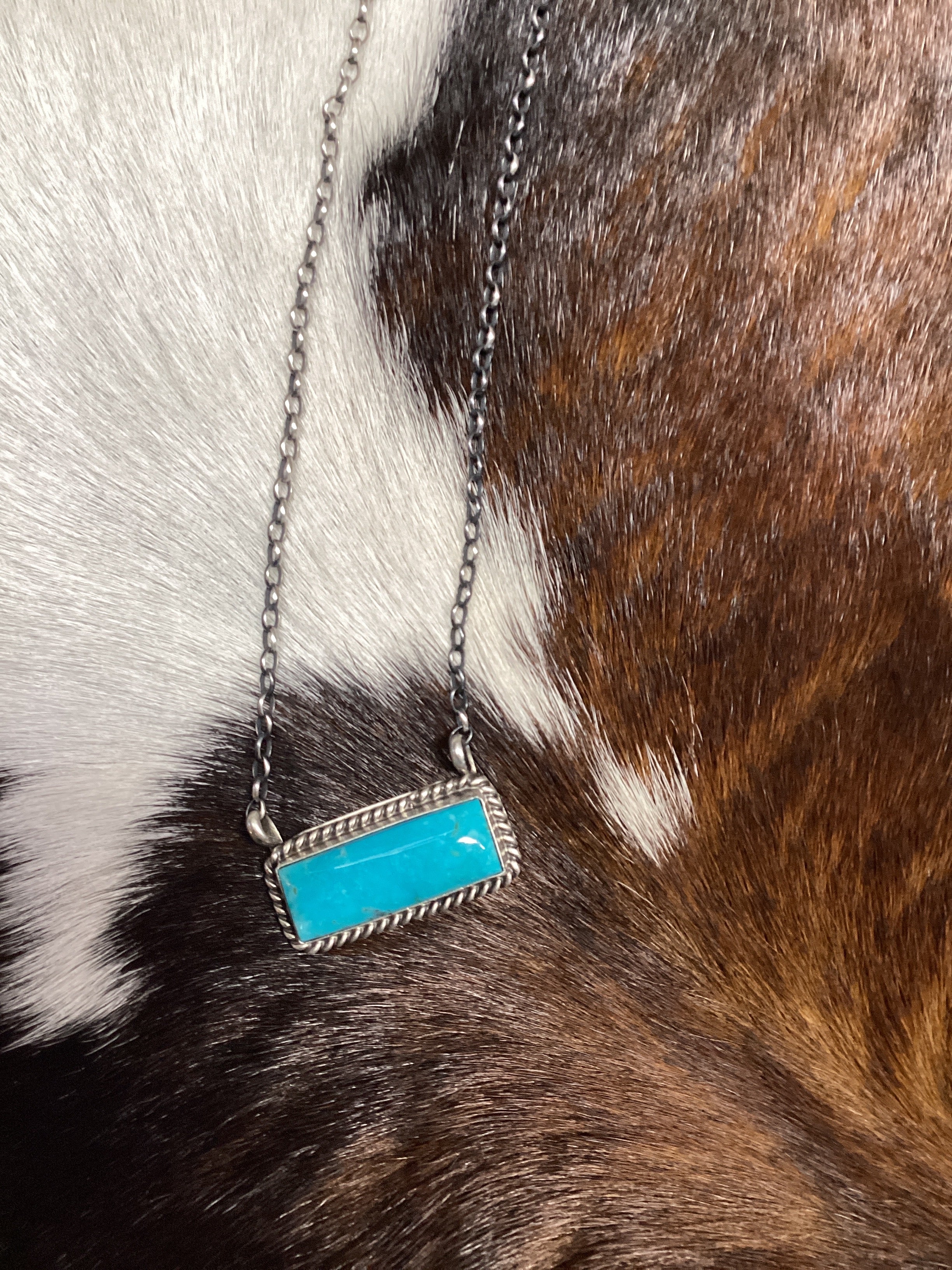 Navajo Handmade Sterling Silver Kingman Turquoise Bar Necklace 16”