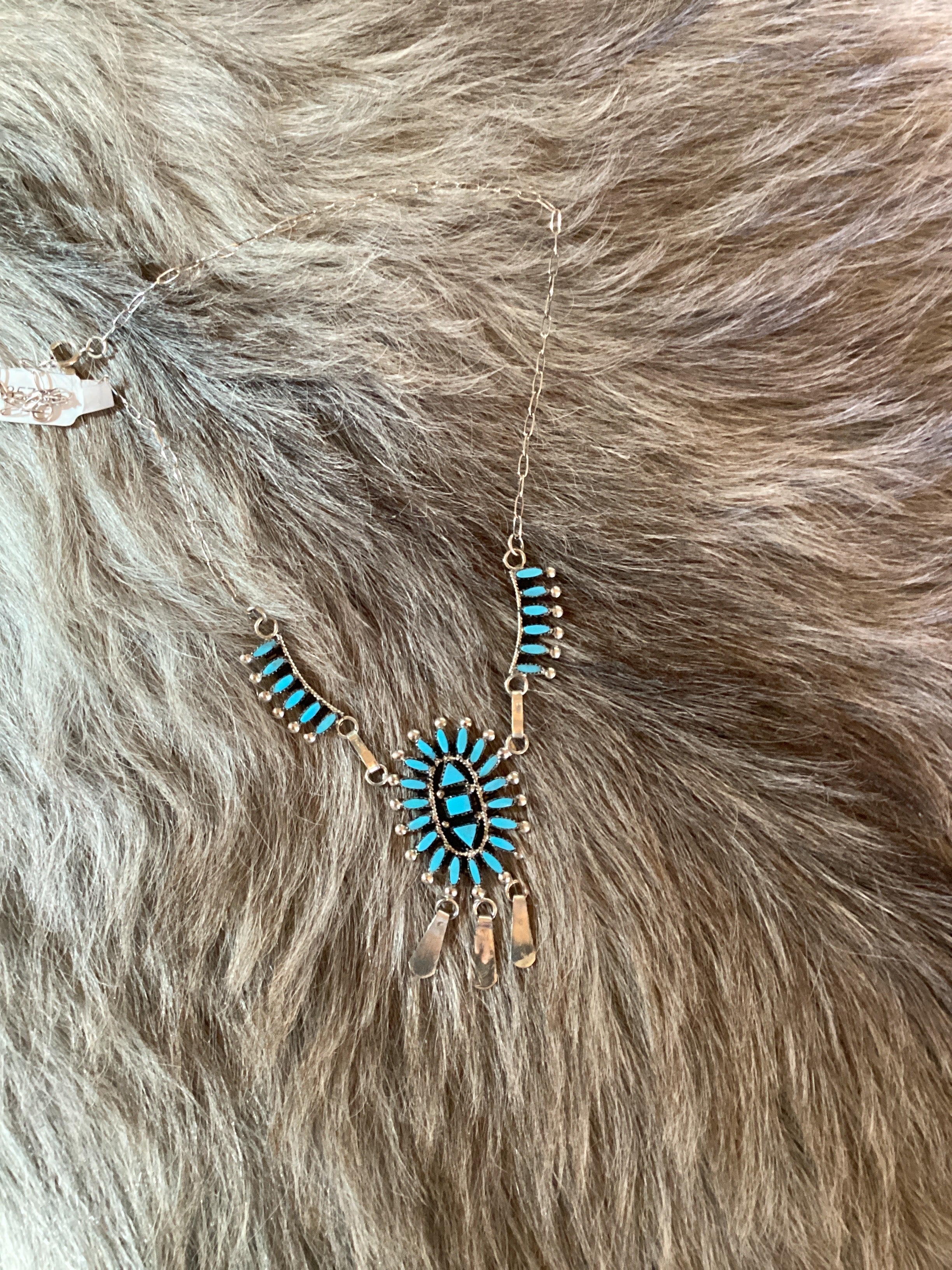 NA Zuni HM Silver Turquoise Inlay Needlepoint Necklace 18” and Set
