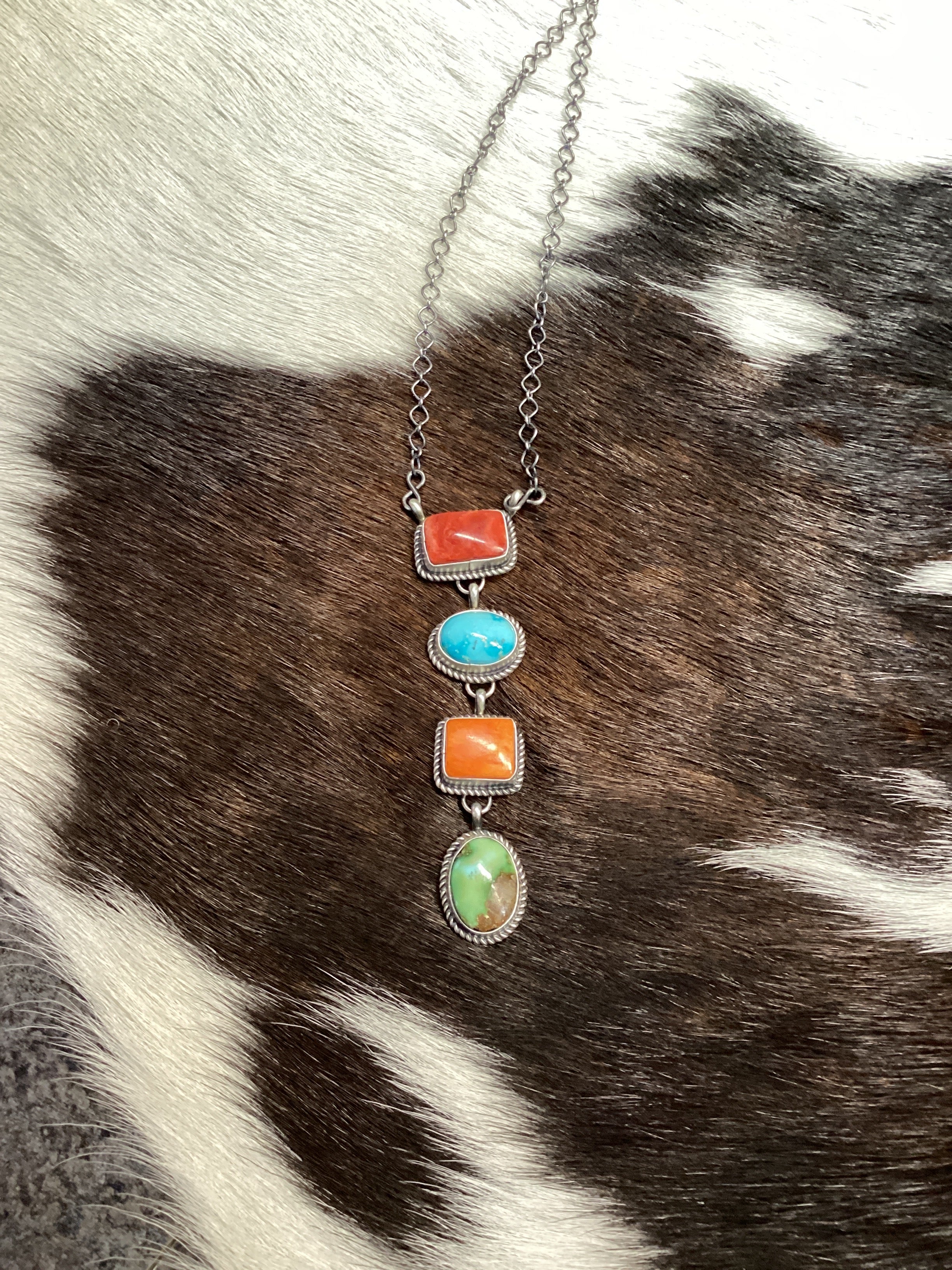 Navajo Handmade Sterling Silver Multi Color Mixed Stone Lariat Necklace 18”
