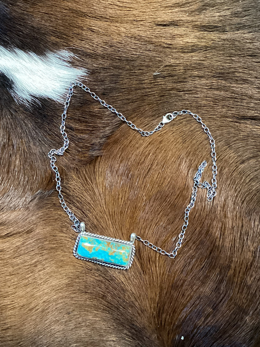 Navajo Handmade Sterling Silver Kingman Turquoise Bar Necklace 16”