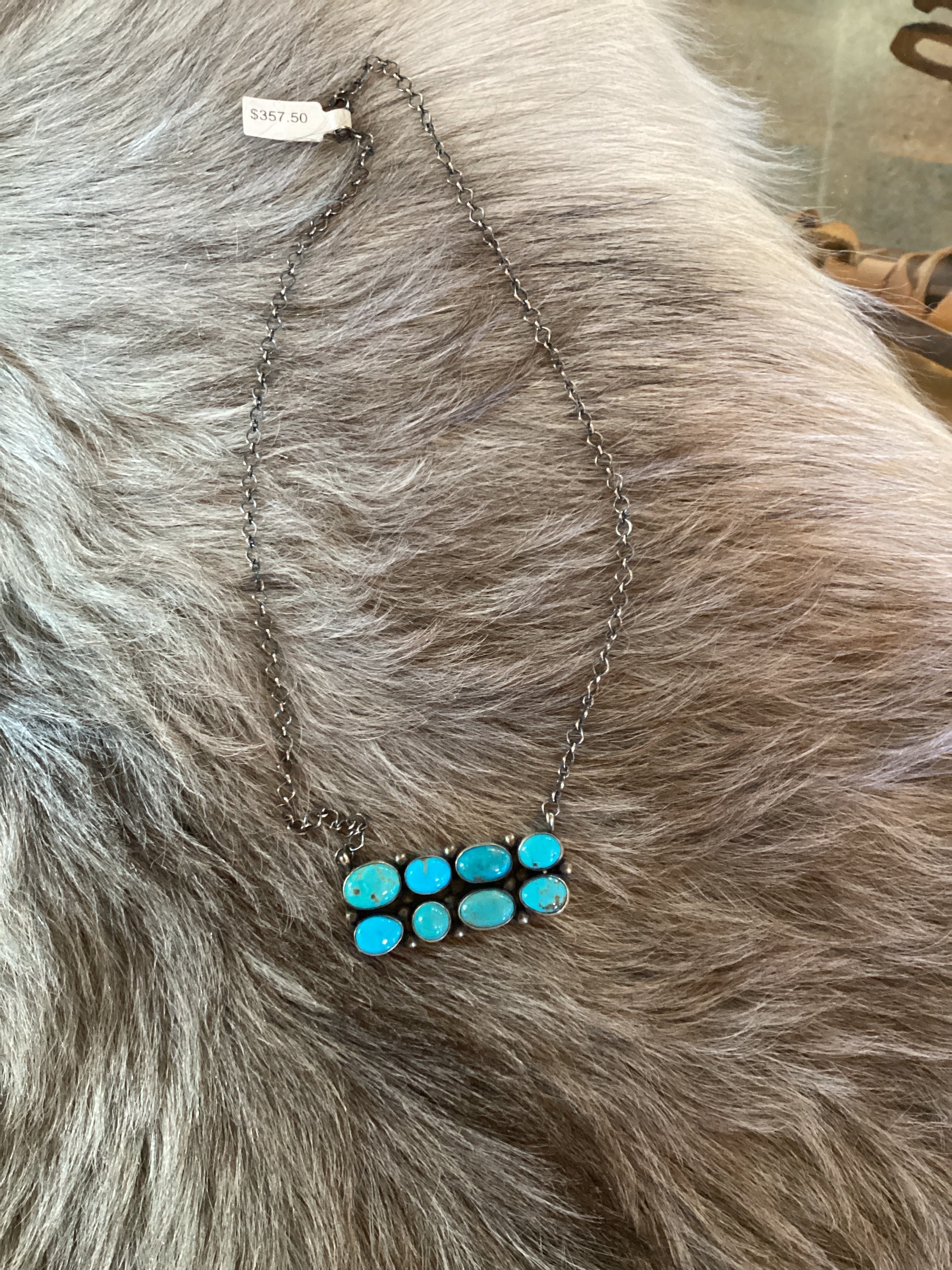 Navajo HM SS Mixed Stone Turquoise Cluster Bar Necklace 18”