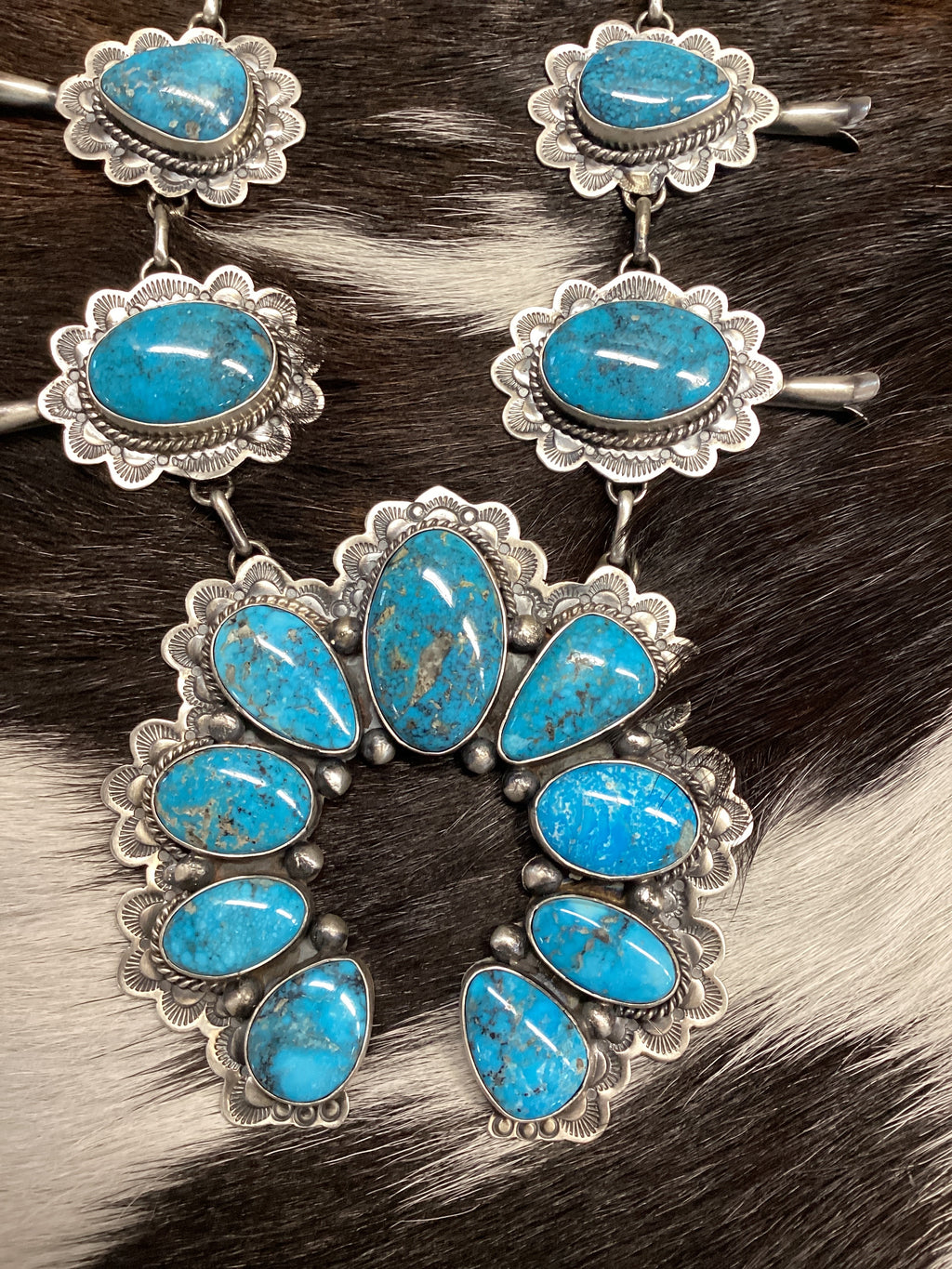 Navajo Handmade Sterling Silver Kingman Web Turquoise Squash Lariat Necklace 24”