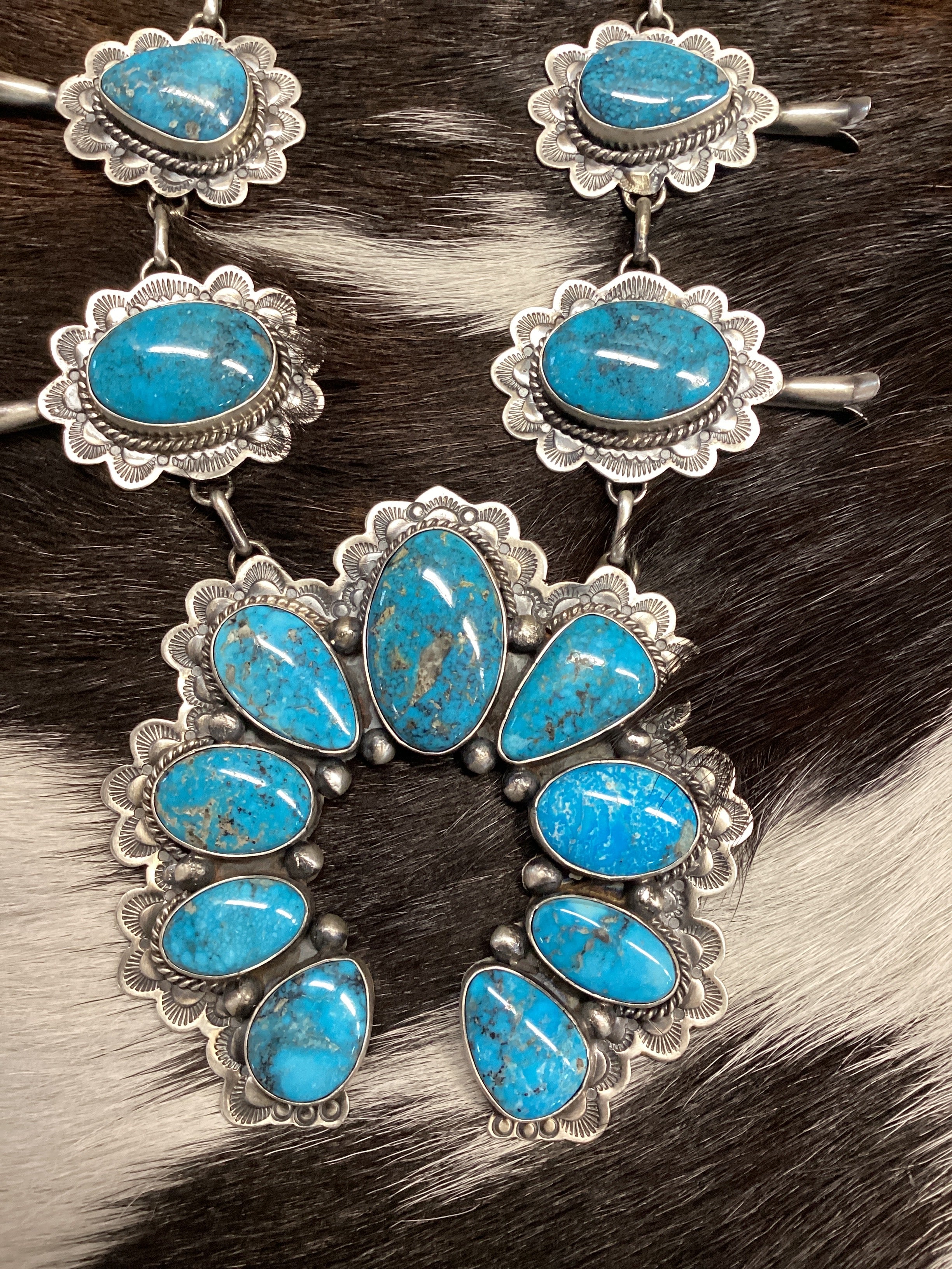 Navajo Handmade Sterling Silver Kingman Web Turquoise Squash Lariat Necklace 24”