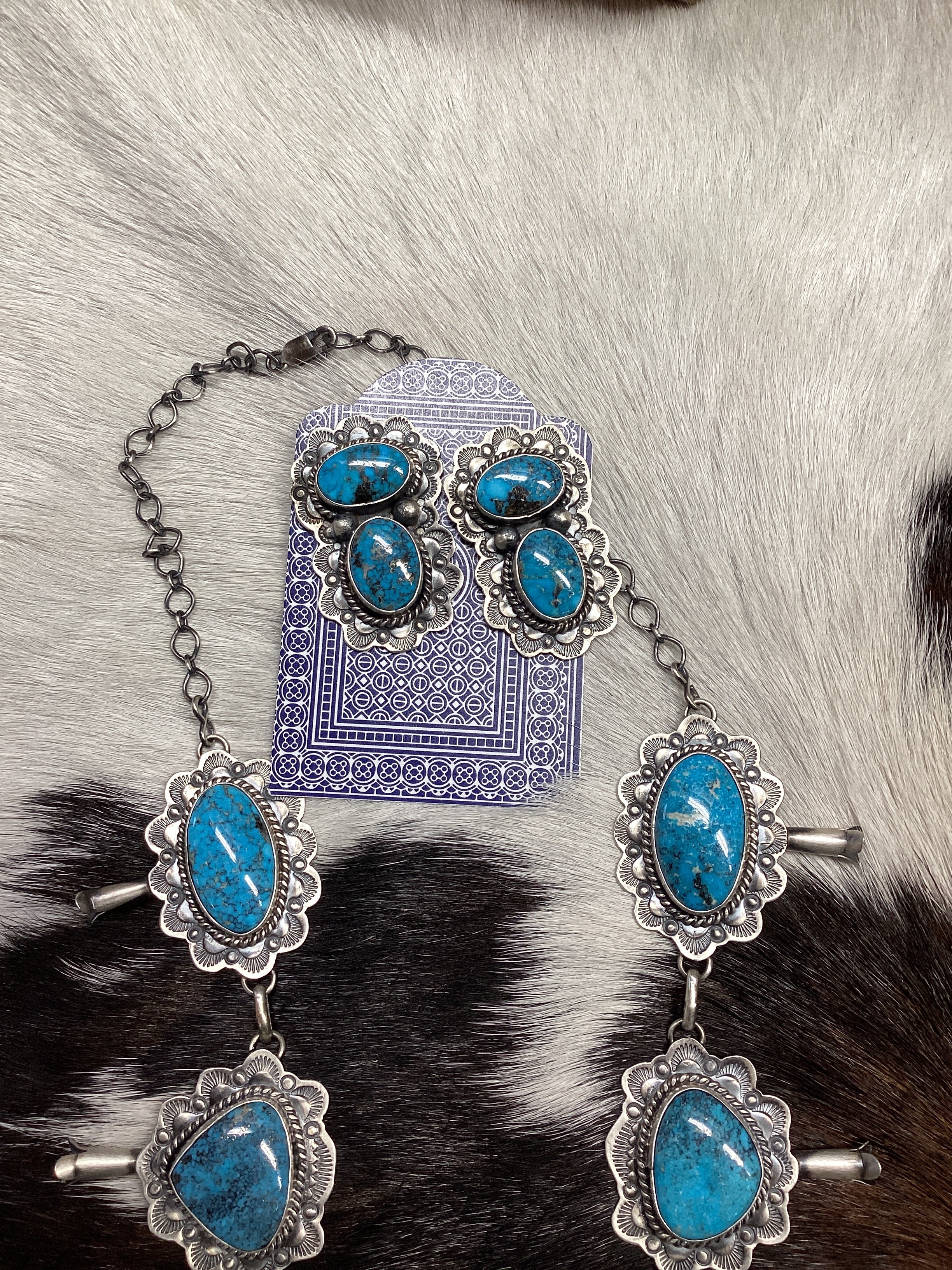 Navajo Handmade Sterling Silver Kingman Web Turquoise Squash Lariat Necklace 24”