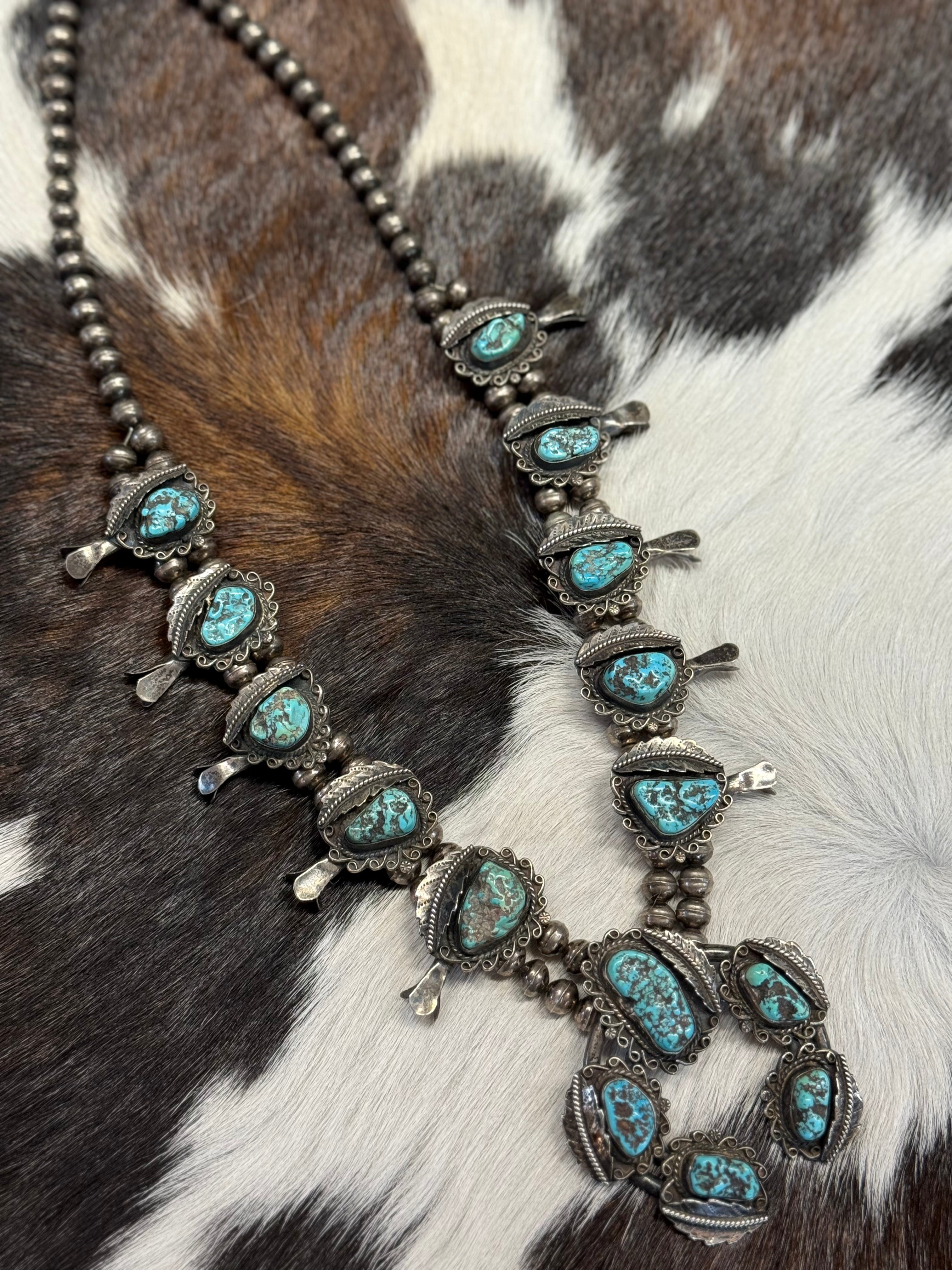 Navajo Sterling Silver and Turquoise Squash Blossom Necklace