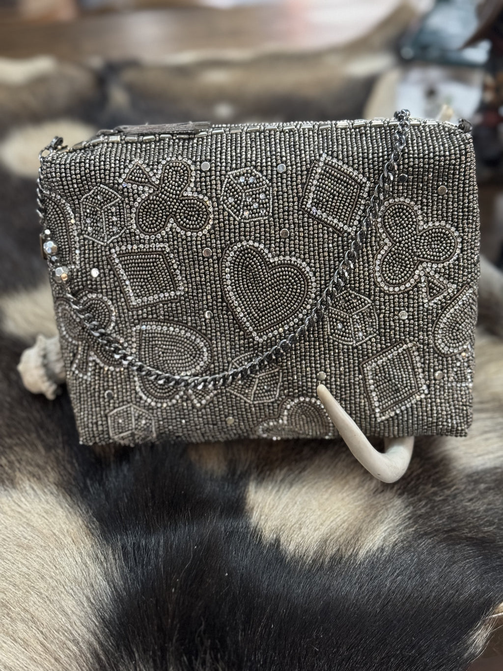 Well Suited Cards and Dice Black Beaded Crossbody Handbag