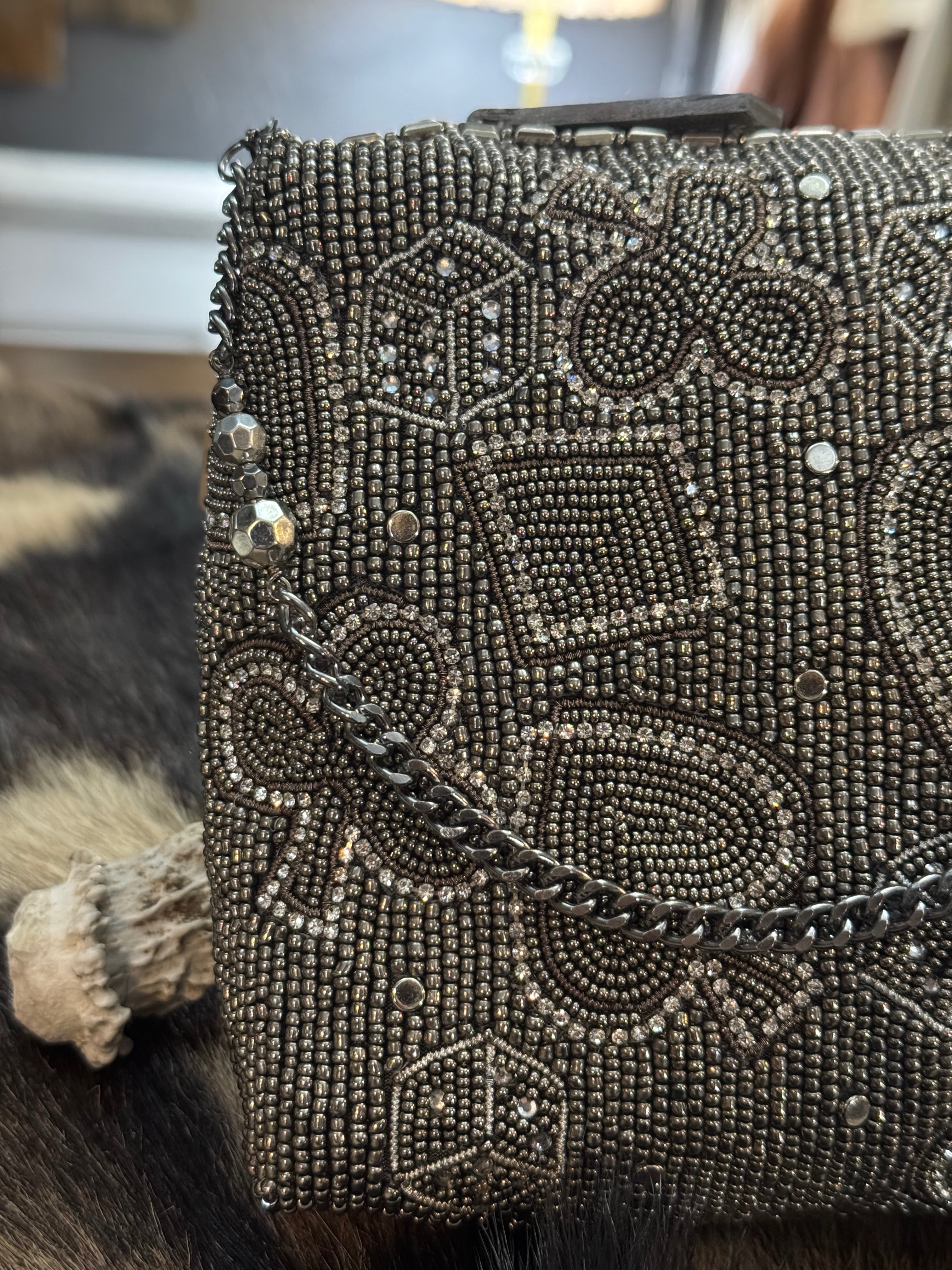 Well Suited Cards and Dice Black Beaded Crossbody Handbag