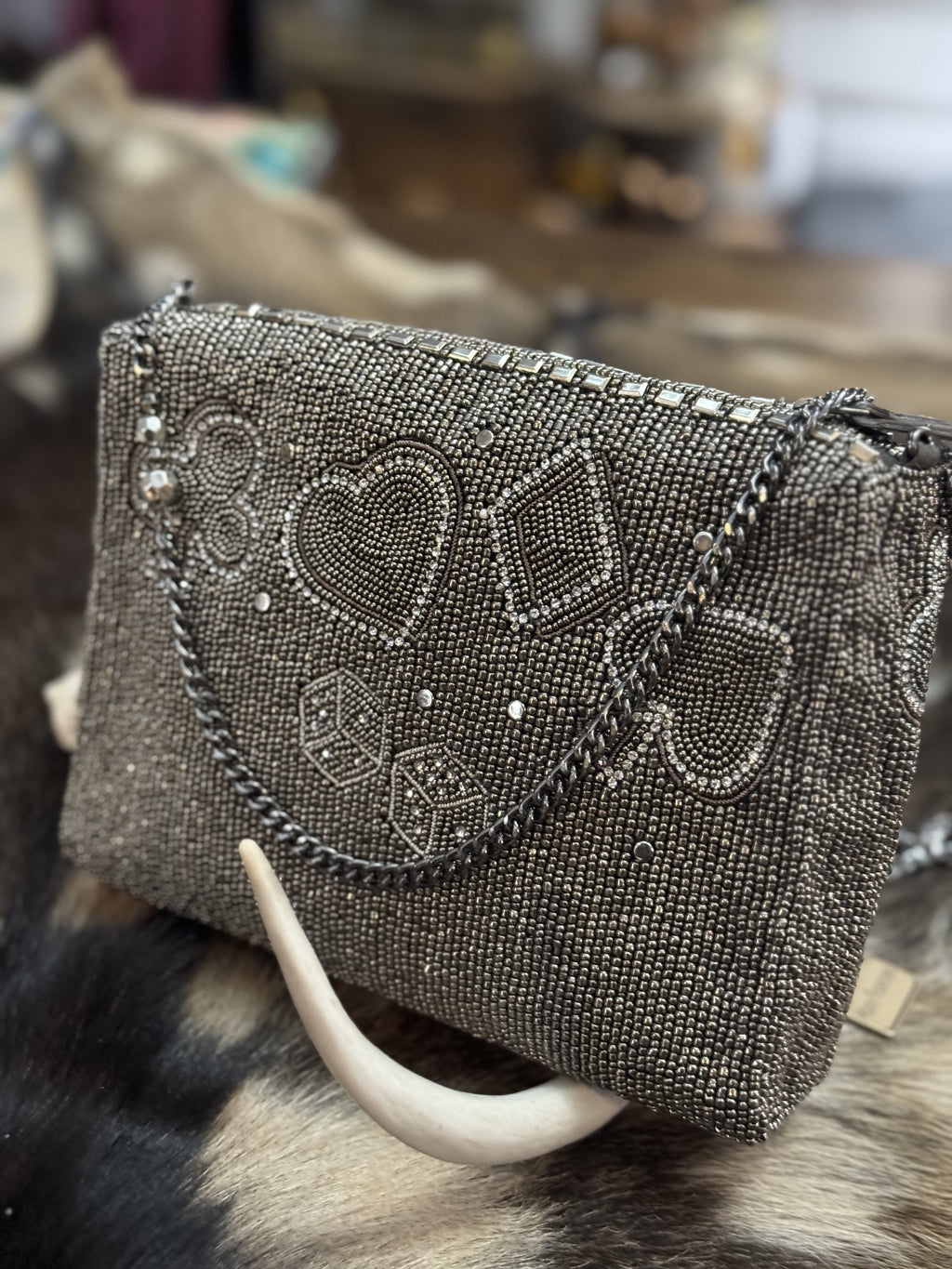 Well Suited Cards and Dice Black Beaded Crossbody Handbag