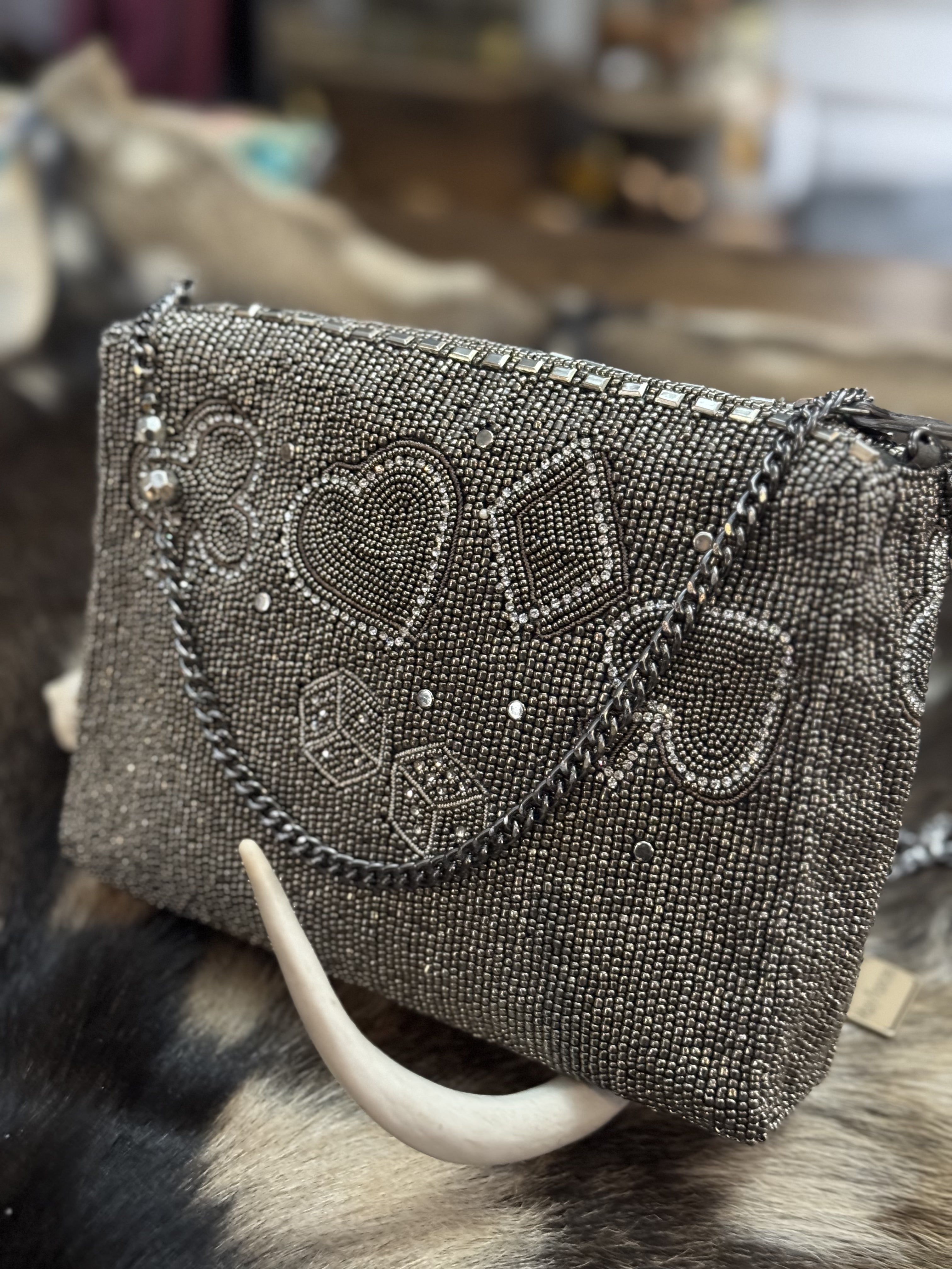 Well Suited Cards and Dice Black Beaded Crossbody Handbag