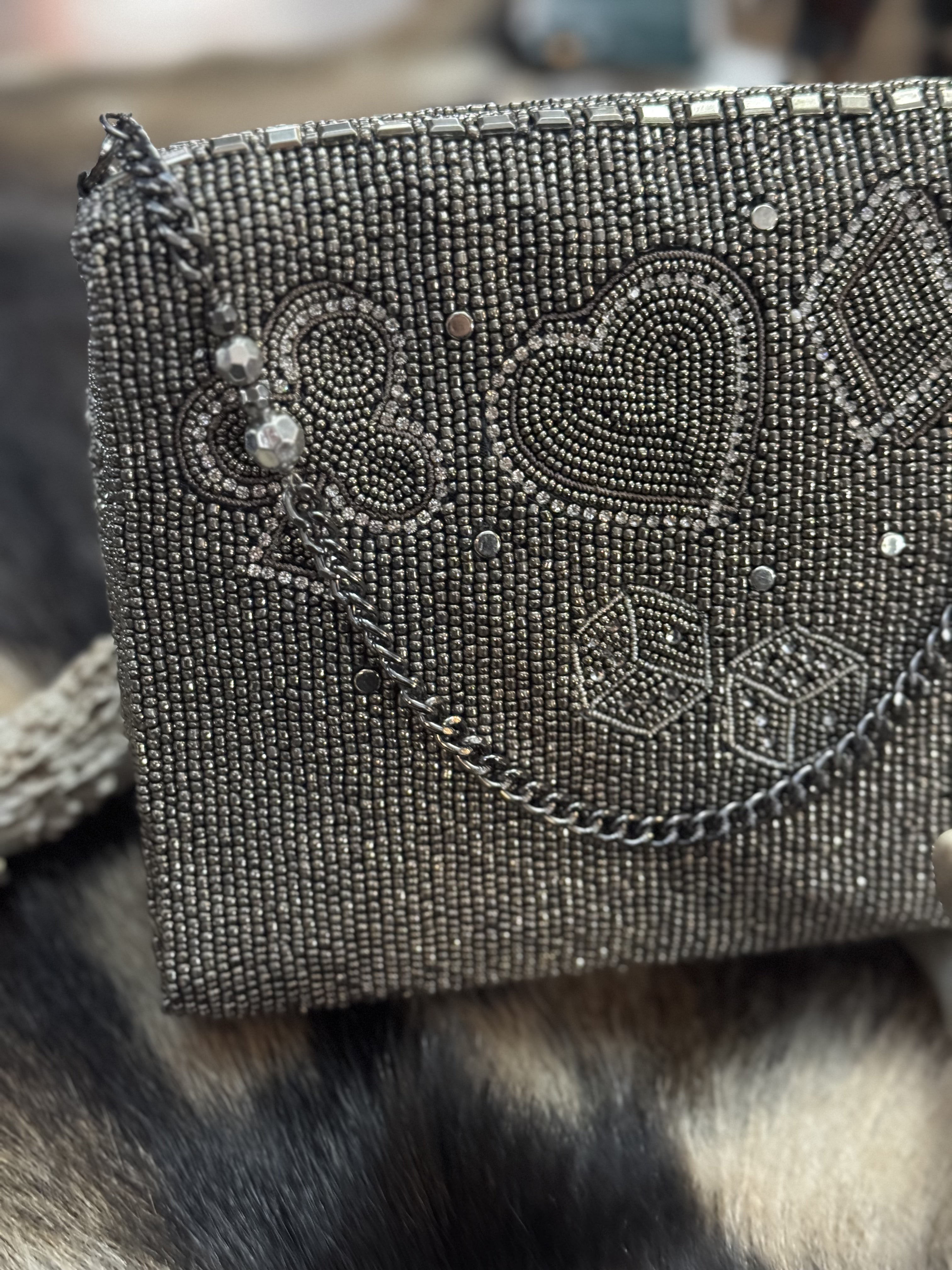 Well Suited Cards and Dice Black Beaded Crossbody Handbag