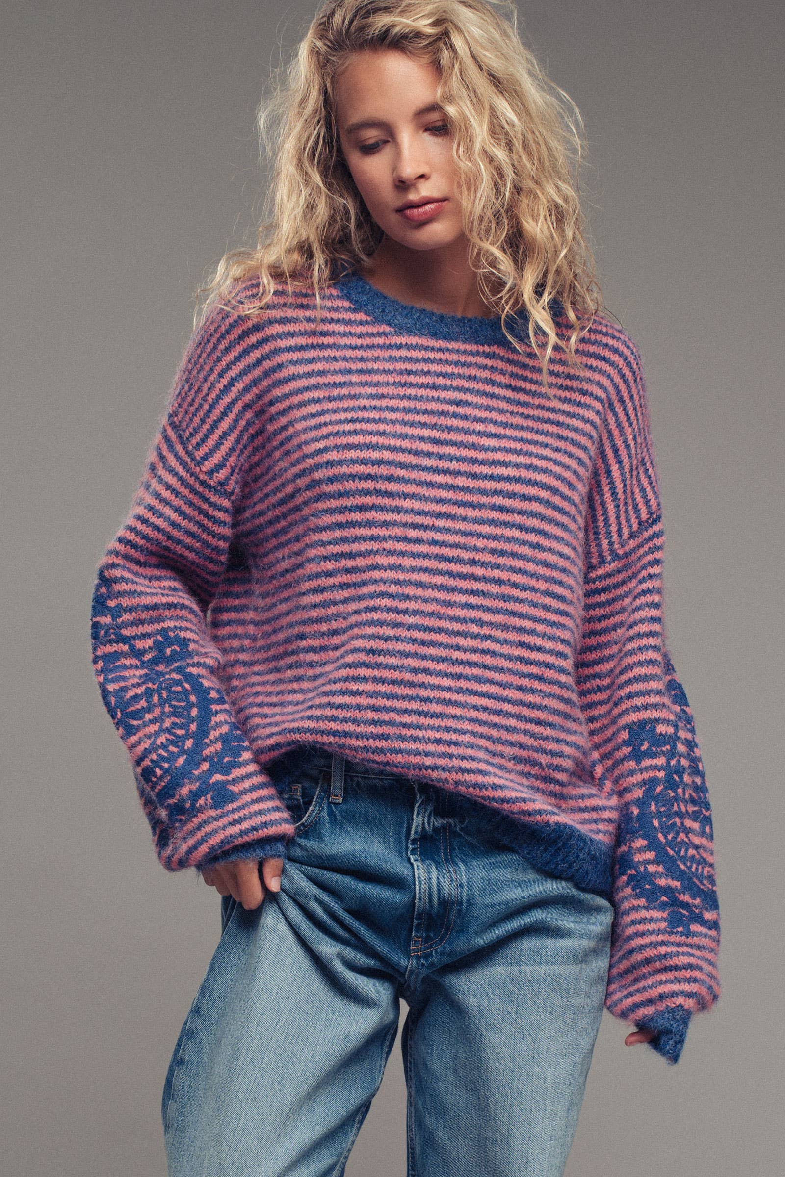 Embroidered Detail Striped Crewneck Sweater