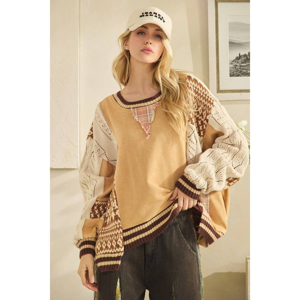 WASHED FABRIC MIX SWEATER TOP