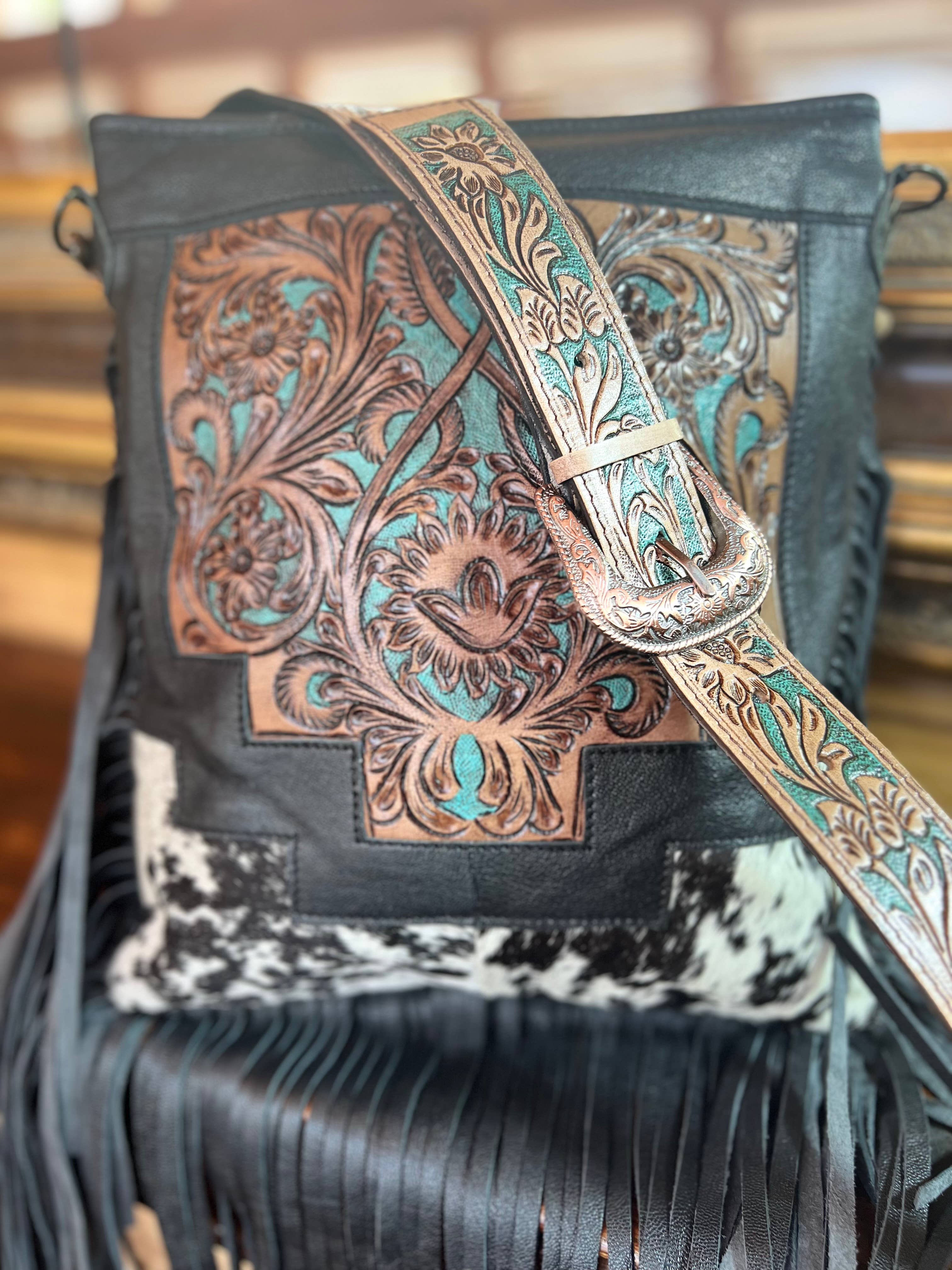 Western Tooled Leather Cowhide Purse - Large Buckle Handbag