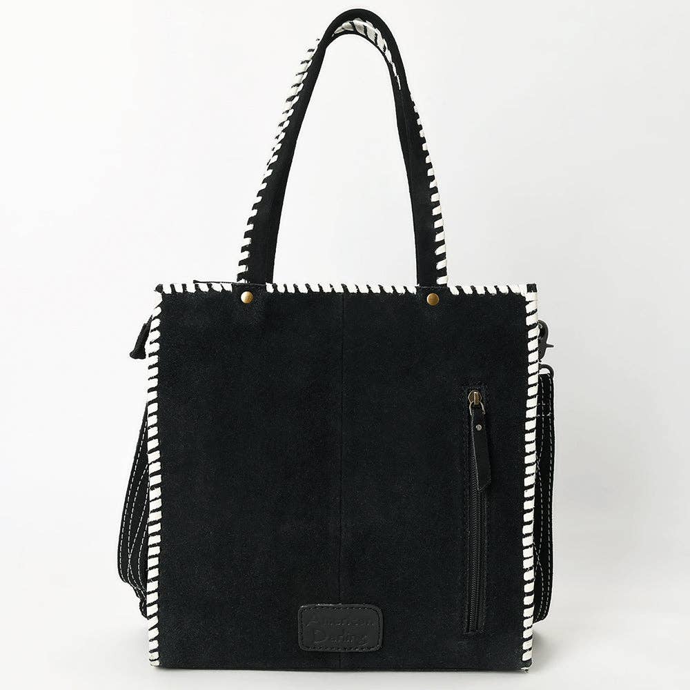 ADBG1590 American Darling Western Genuine Suede Leather Tote Bag with Braided Trim & Detailed Boot Stitching