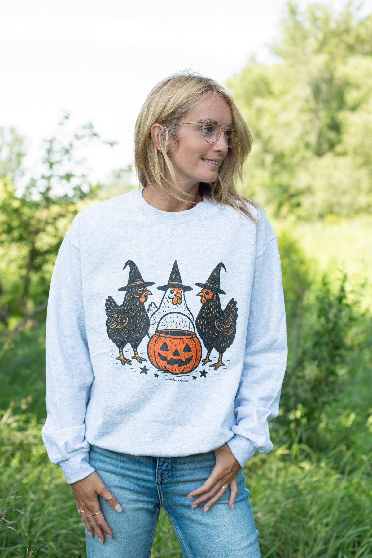 Western Fall Chicken Witches Halloween Graphic Crewneck