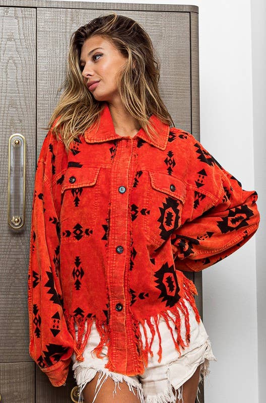 Aztec Print Corduroy Shirt Jacket Distressed Hem