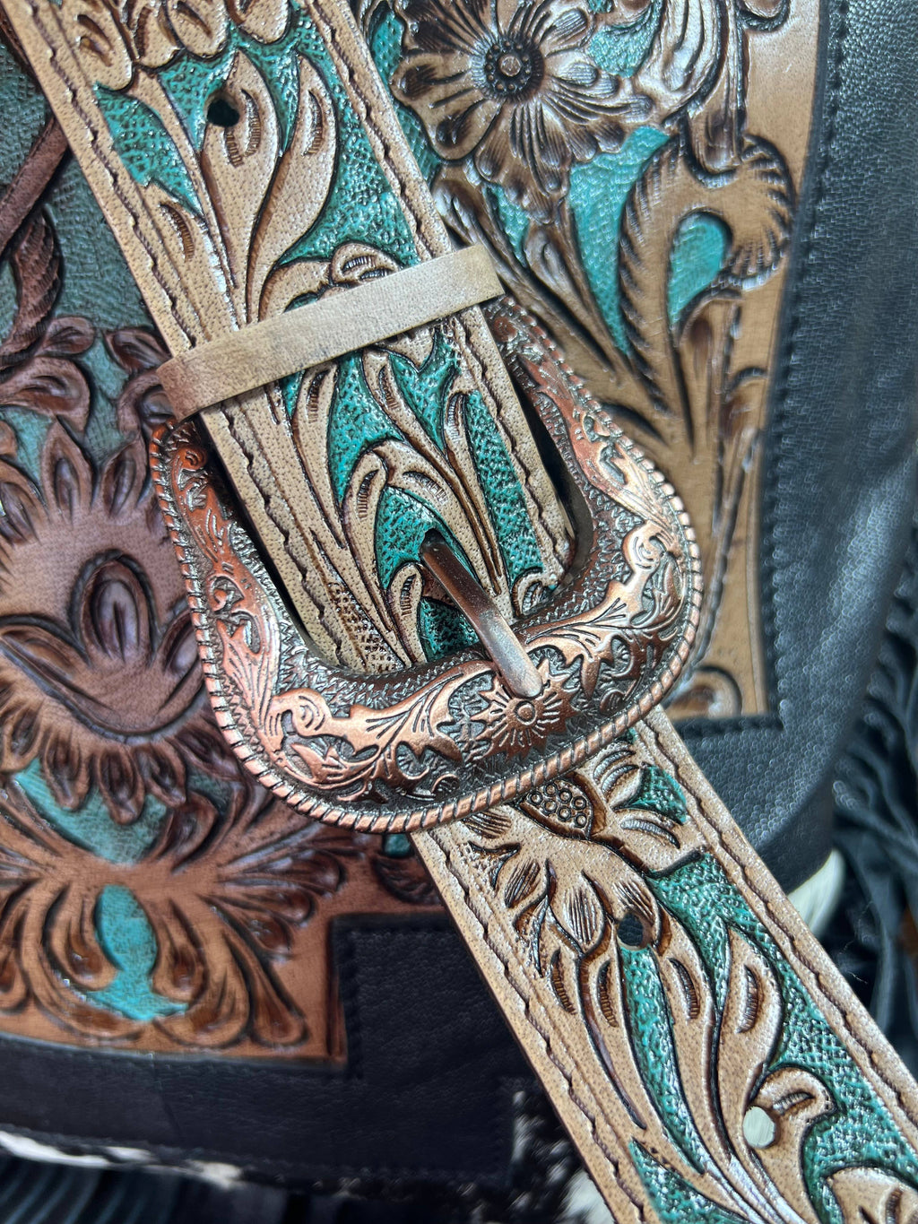 Western Tooled Leather Cowhide Purse - Large Buckle Handbag