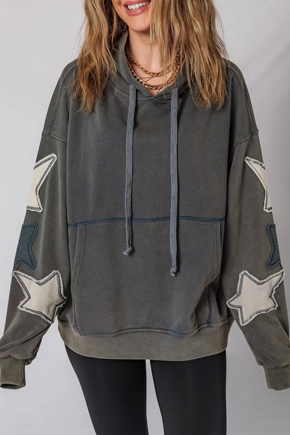 Star Patchwork Contrast Stitching Kangaroo Pocket Hoodie