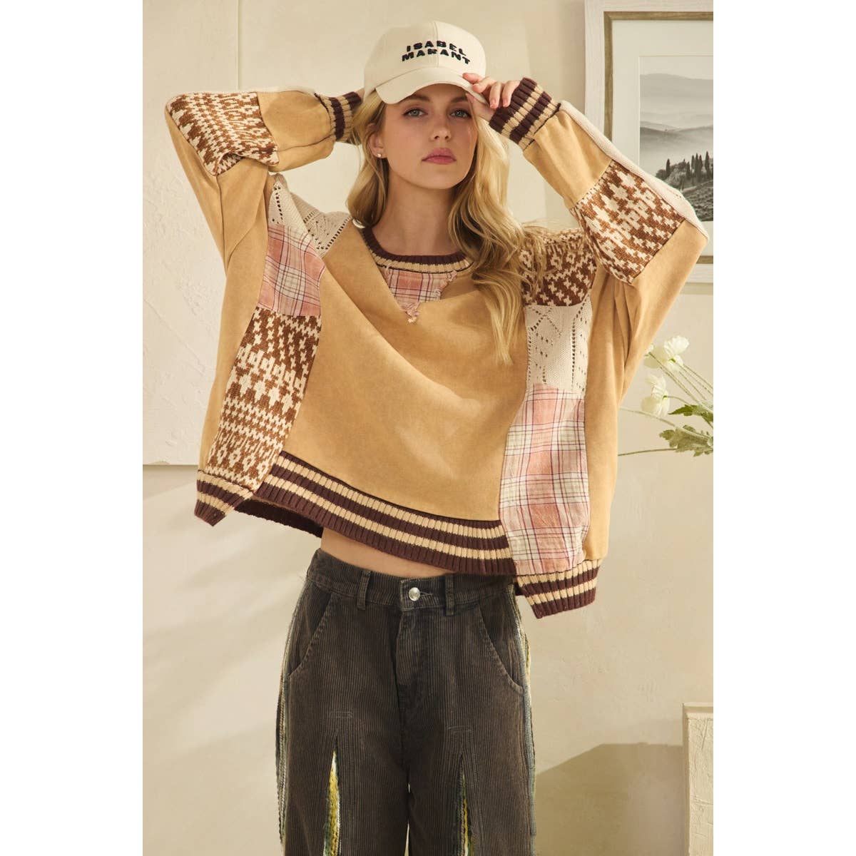 WASHED FABRIC MIX SWEATER TOP