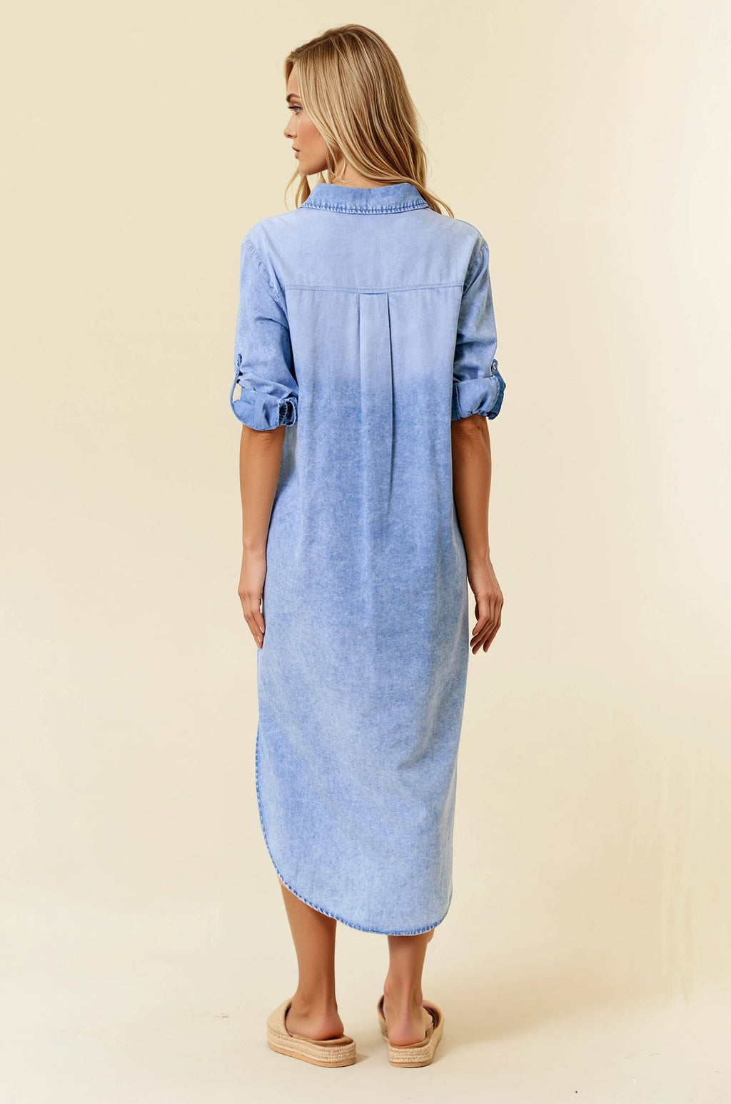 ROLL TAB 3/4 SLEEVE TENCEL DENIM SHIRT MIDI DRESS