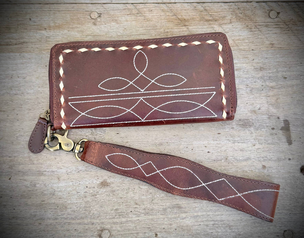 Leather Boot Stitch Wallet Wristlet Zip Around Western 