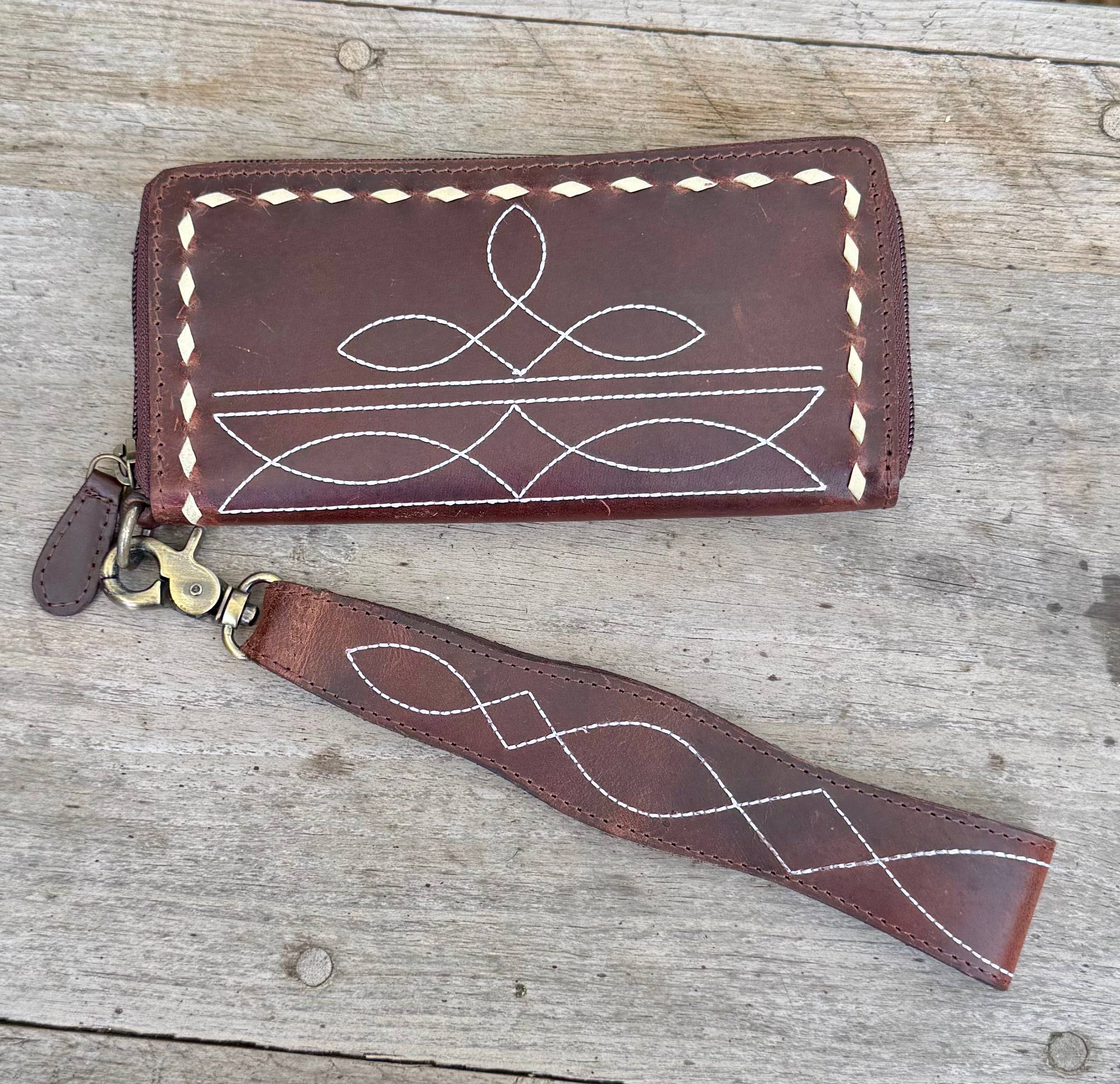 Leather Boot Stitch Wallet Wristlet Zip Around Western 