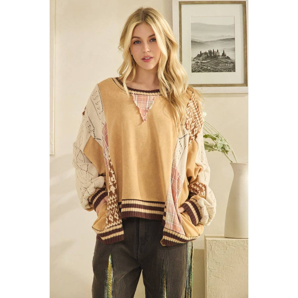 WASHED FABRIC MIX SWEATER TOP