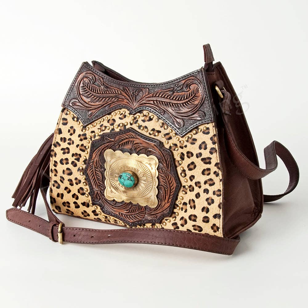 Leopard Print Tooled Leather Bag - Turquoise Concho & Stud Accent