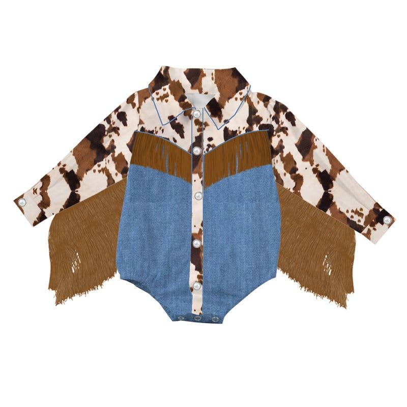 Brown Cowprint Fringe LS Pearl Snap Onesie, Size 0-2T