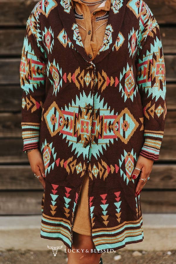 Brown Turquoise Aztec Knitted Cardigan Sweater