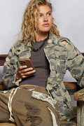 Zipper waist tie camo print jacket with pockets