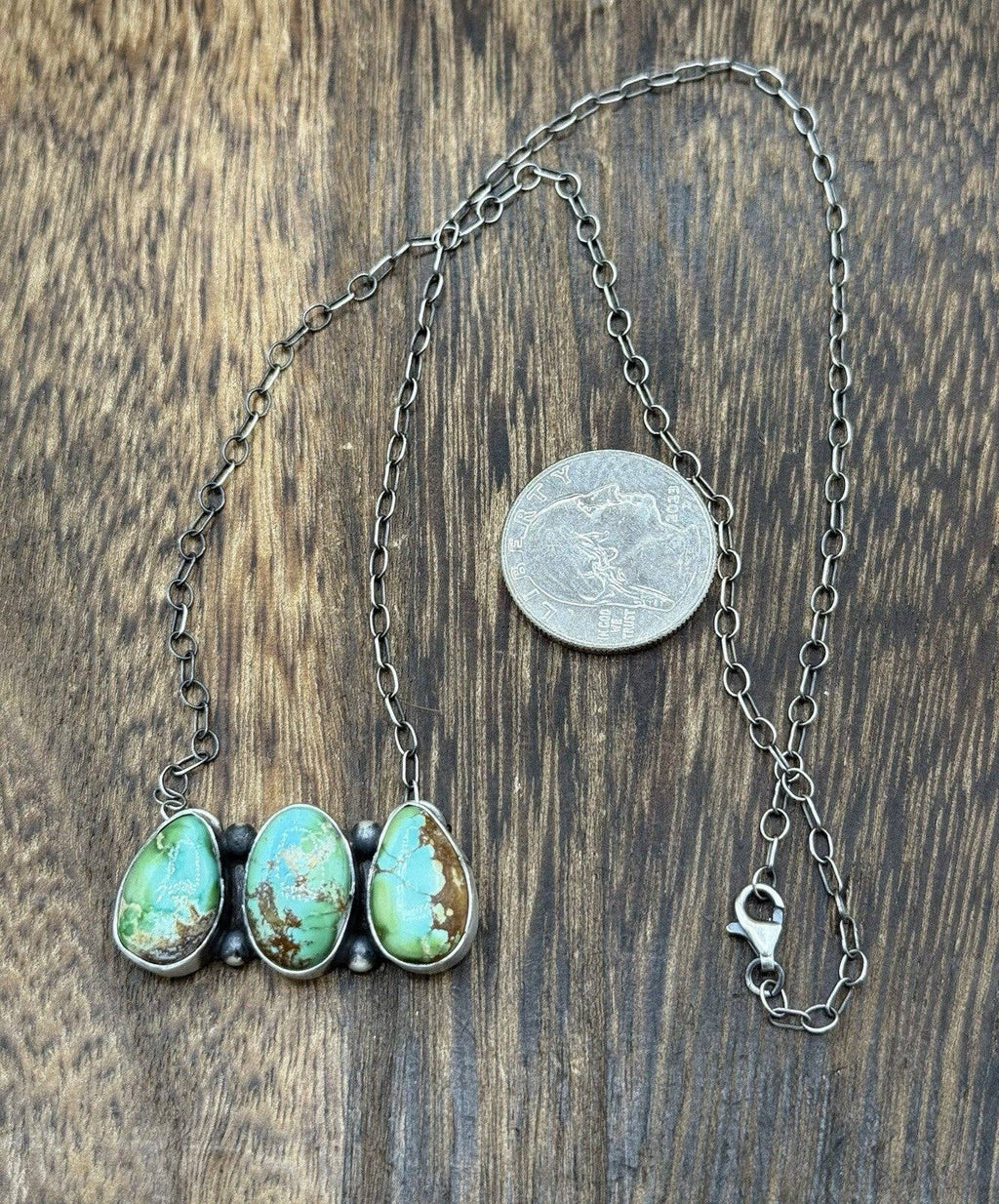 Navajo Handmade Sterling Silver Sonoran Gold Turquoise Cluster Bar Necklace 18”