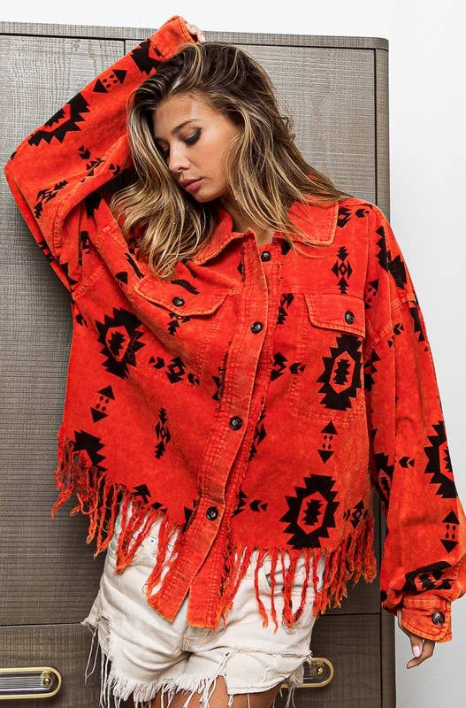 Aztec Print Corduroy Shirt Jacket Distressed Hem
