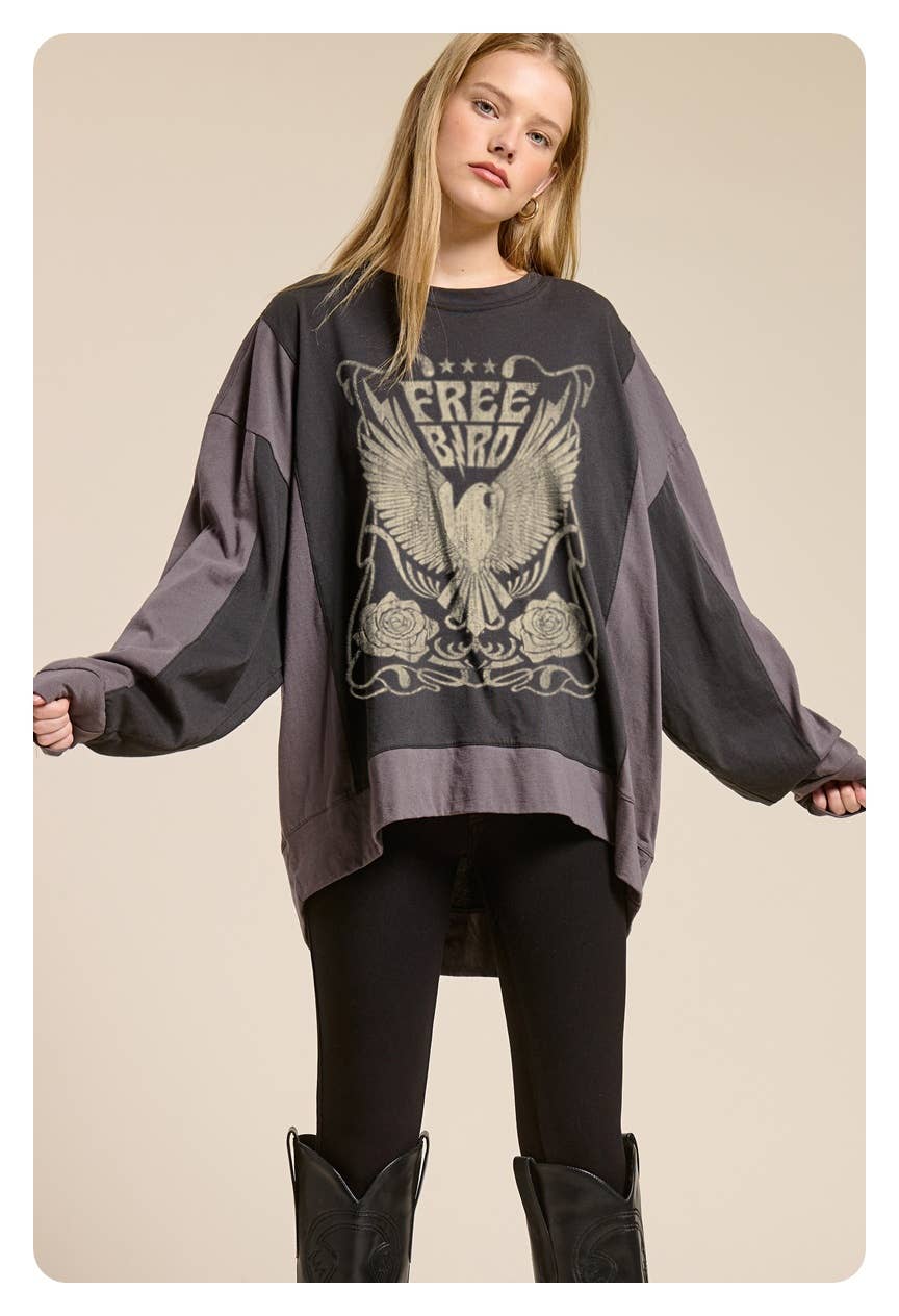 Free Bird Vintage Graphic Oversized Pullover