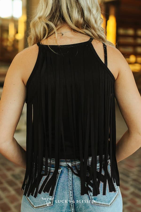 Black Stretch Suede All Around Fringe Top