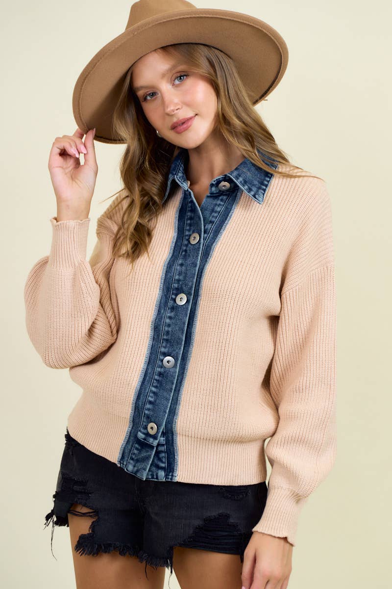 DENIM CONTRAST SWEATER RIB CARDIGAN